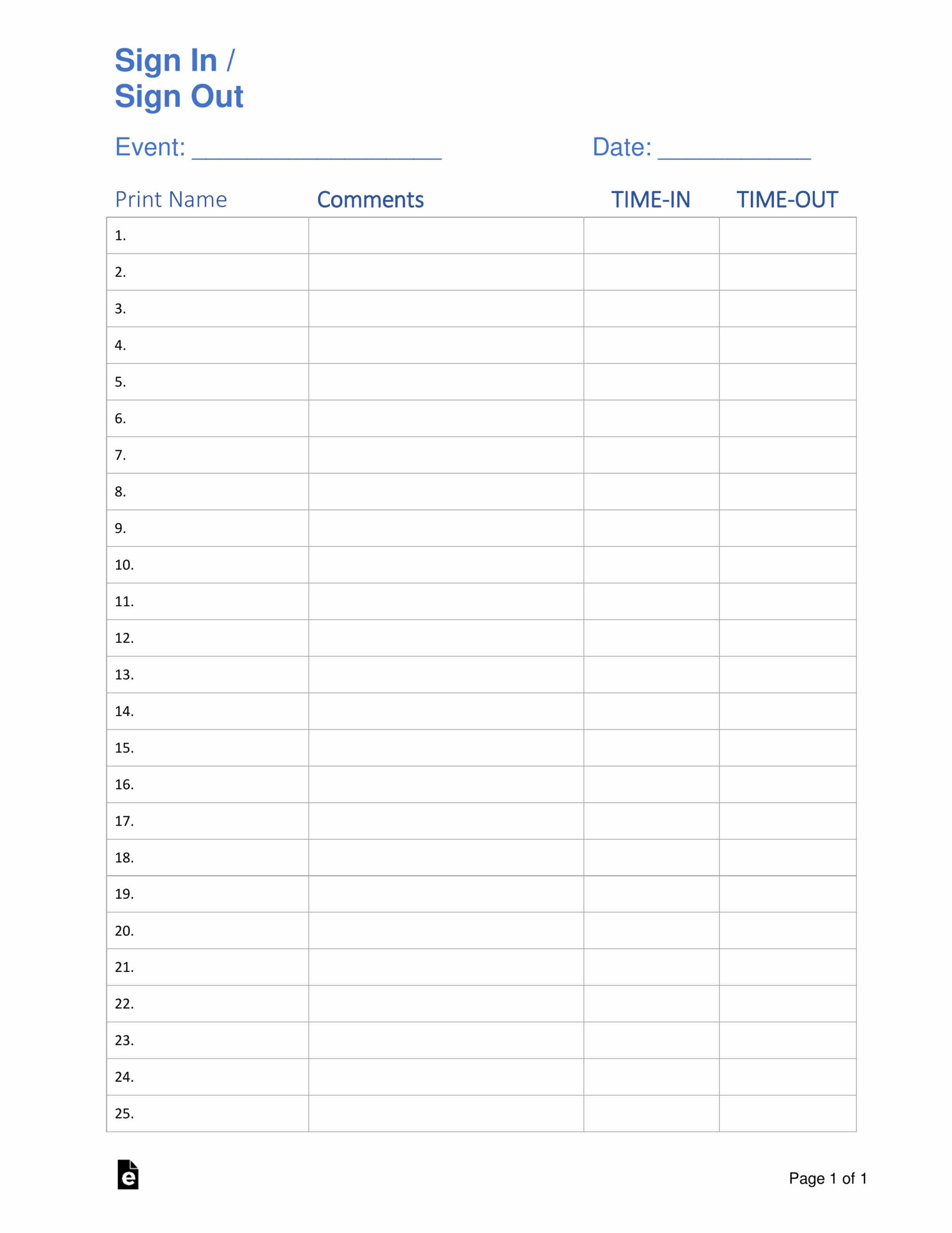 Sign In List Template