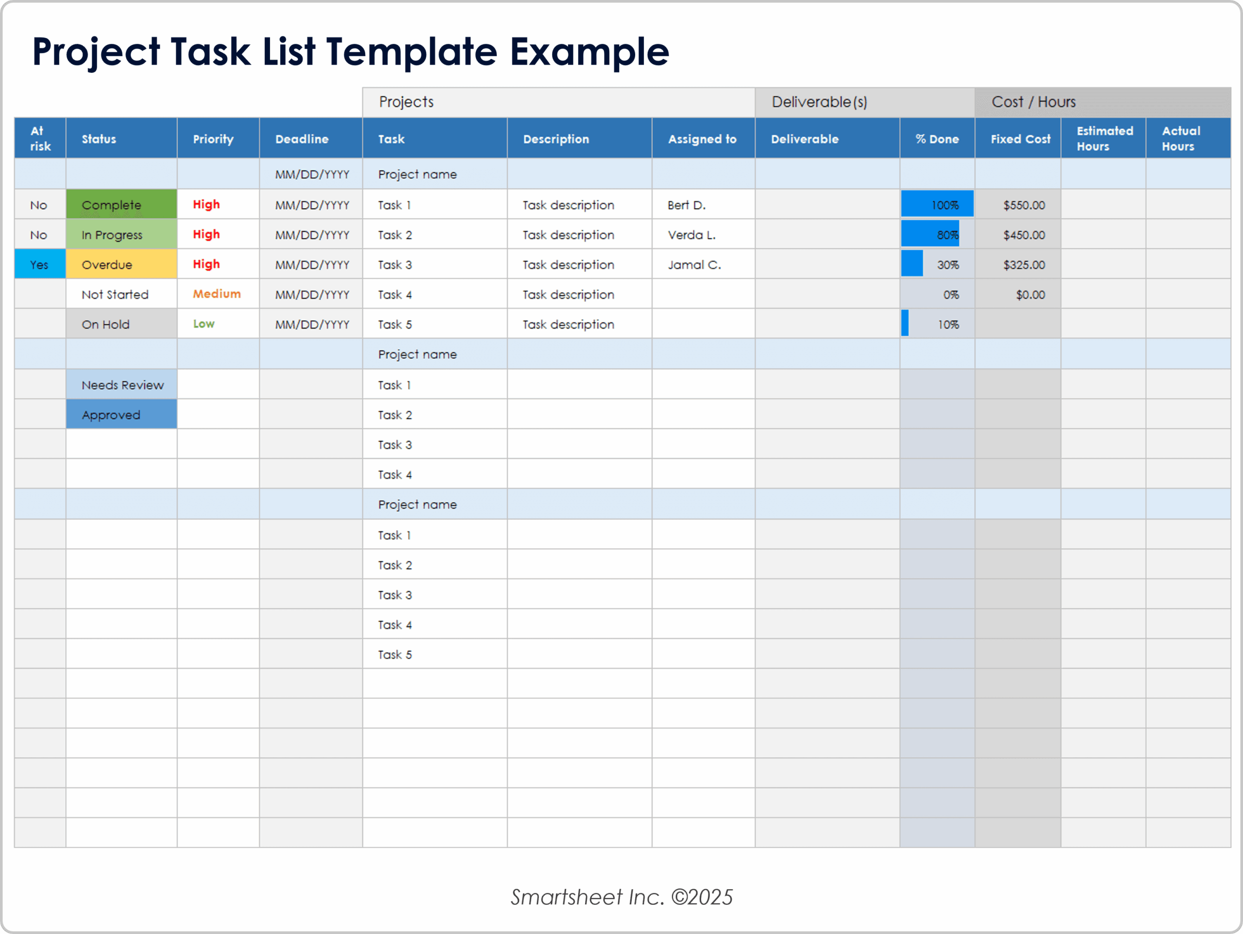 Sample Project Task List Template