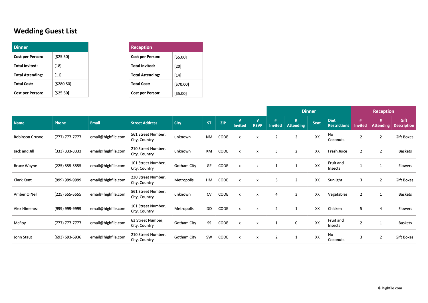 Free Wedding Guest List Template Excel Word PDF Sheets And Google Docs