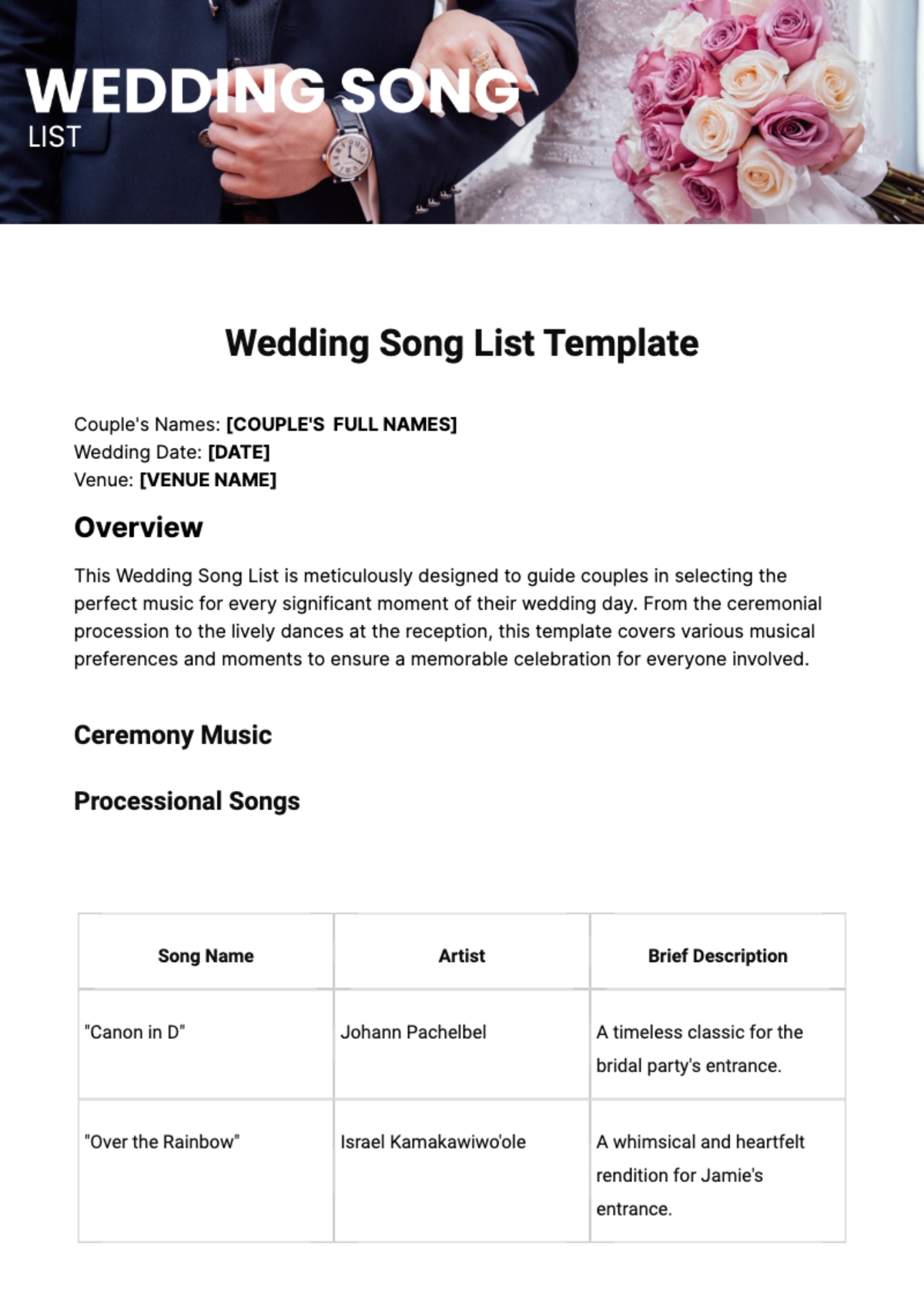 Free Wedding Song List Template To Edit Online