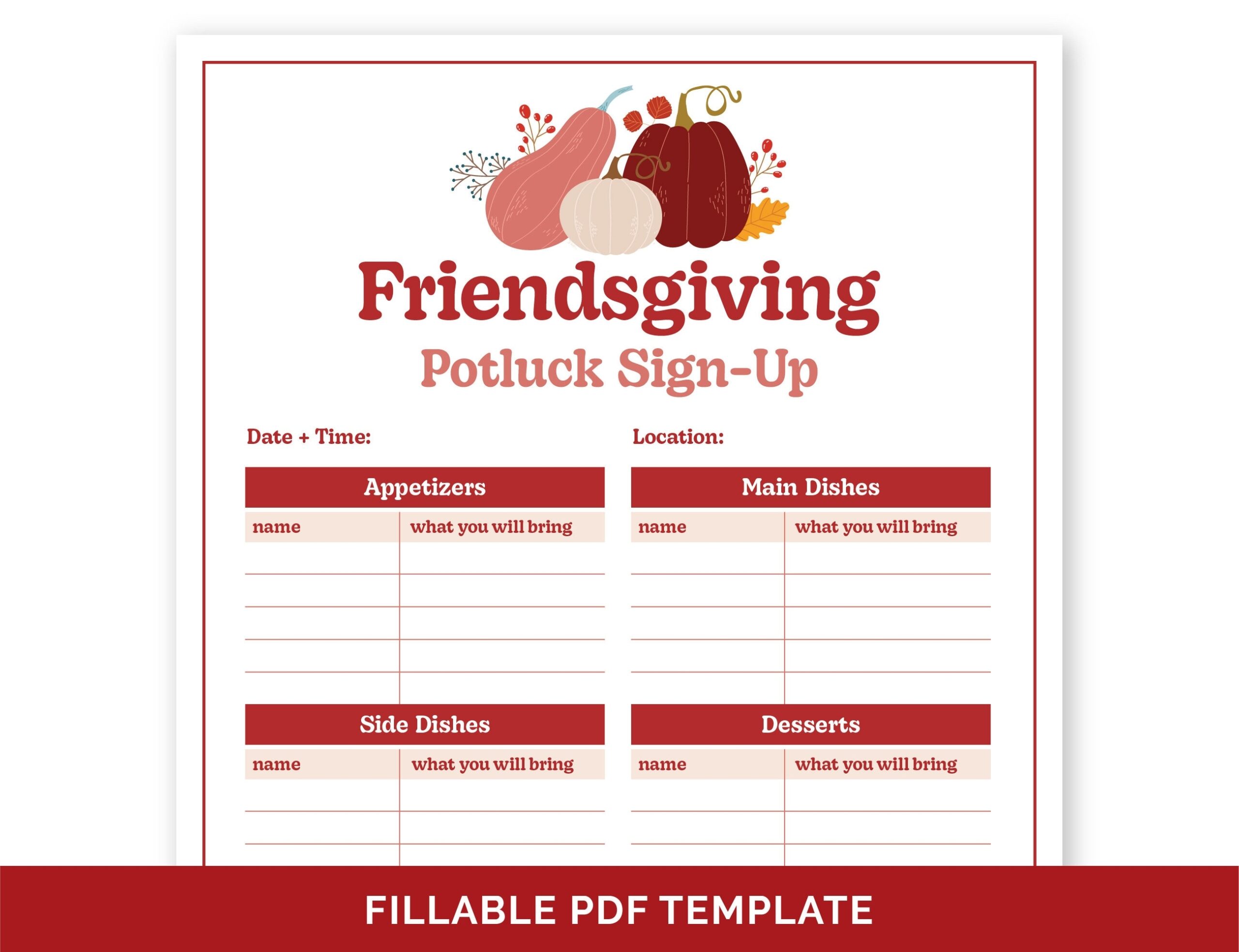 Friendsgiving Potluck Sign up Sheet Food Sign up Fillable PDF 