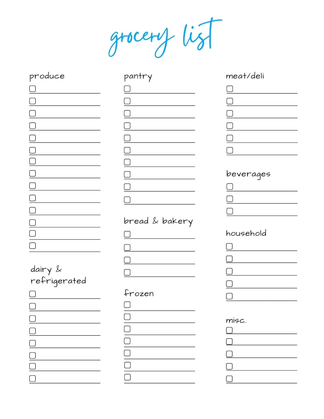 Grocery List Printable Grocery List Template Grocery List PDF Grocery List Template Printable Grocery List By Department Etsy