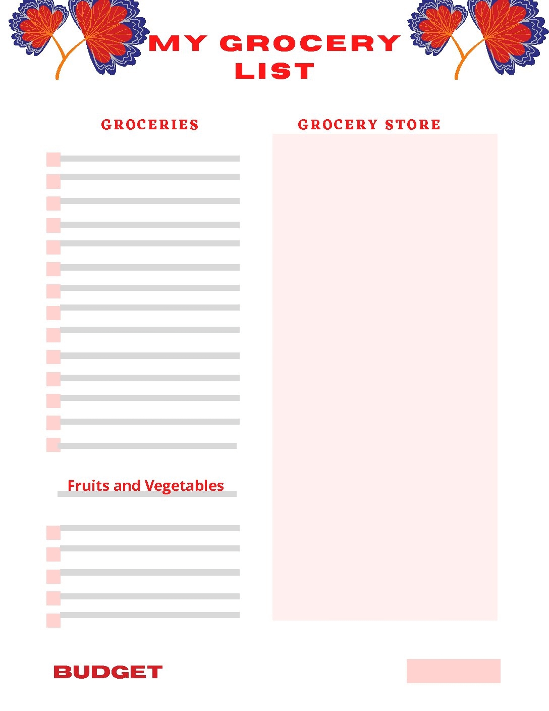 Grocery Store List Template