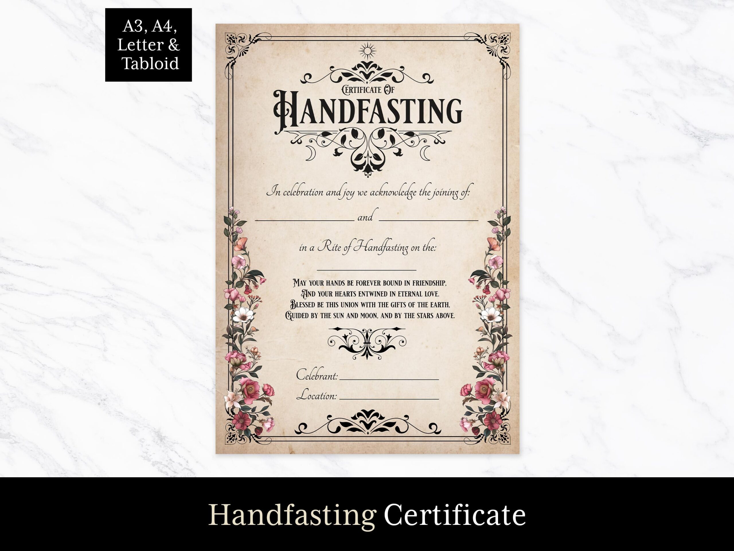 Handfasting Certificate Pagan Wedding Certificate Printable Wiccan Handfasting Rite Template Witch Gift In A3 A4 US Letter U0026 Tabloid Sizes Etsy