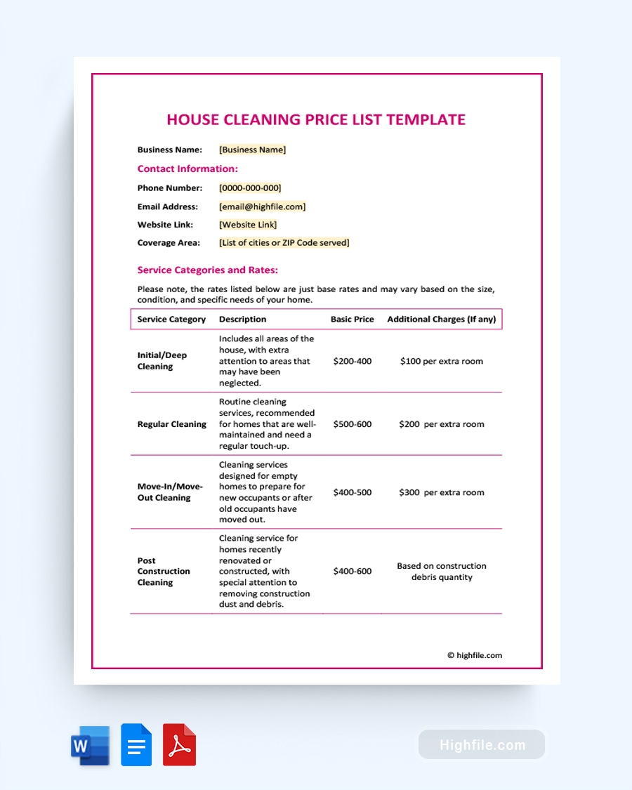 House Cleaning Price List Template Word PDF Google Docs Highfile