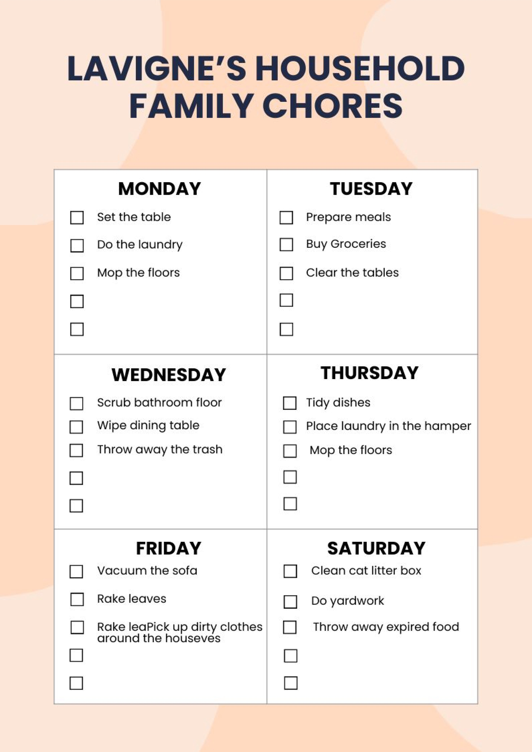 Household Family Chore Chart In Illustrator PDF Download 