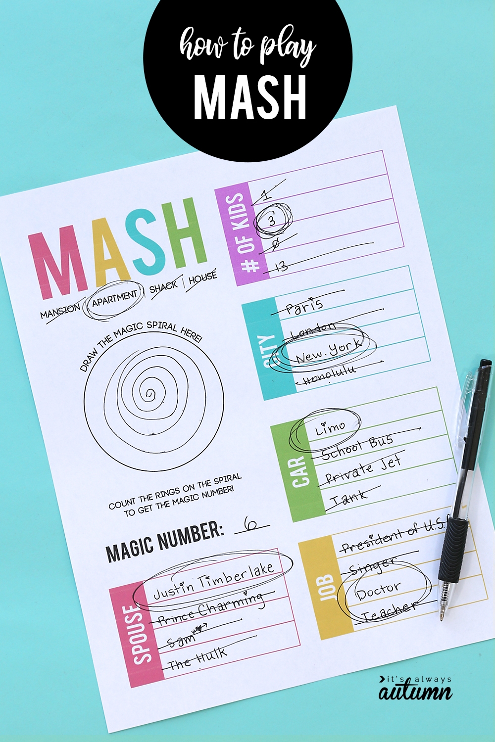 Free Printable Mash Game Template