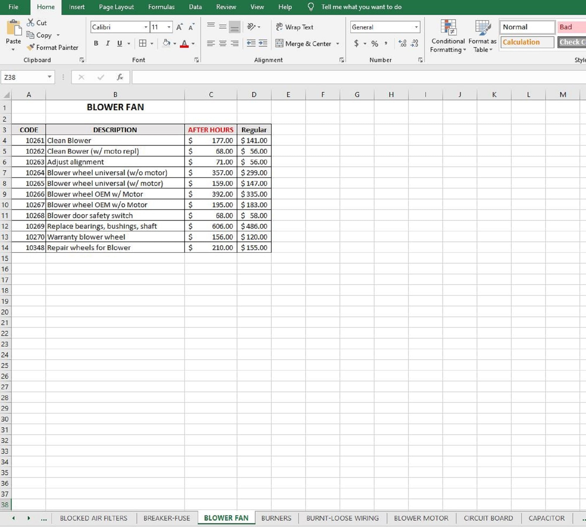 Hvac Price List Template