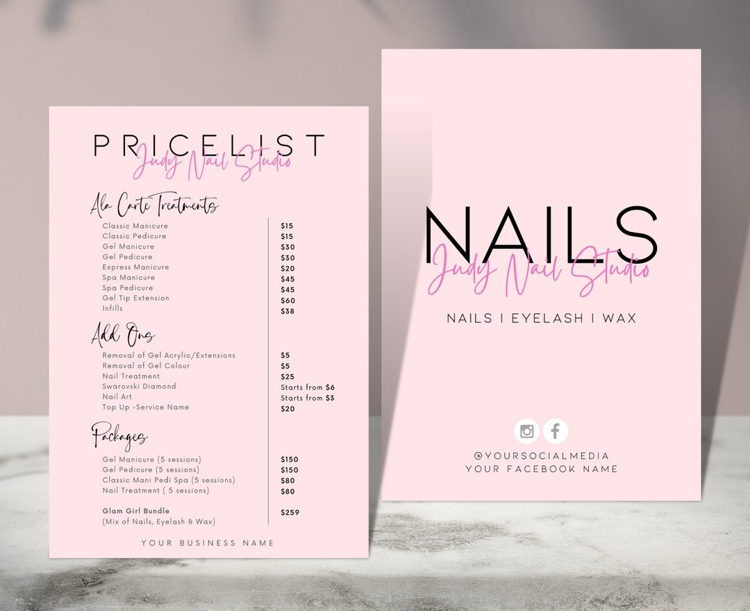 JUDY Nails Salon Price List Pre Made Templates Editable Printable Instant Beauty Nail Manicure Pricing Design Minimalist Hair Menu Etsy Israel