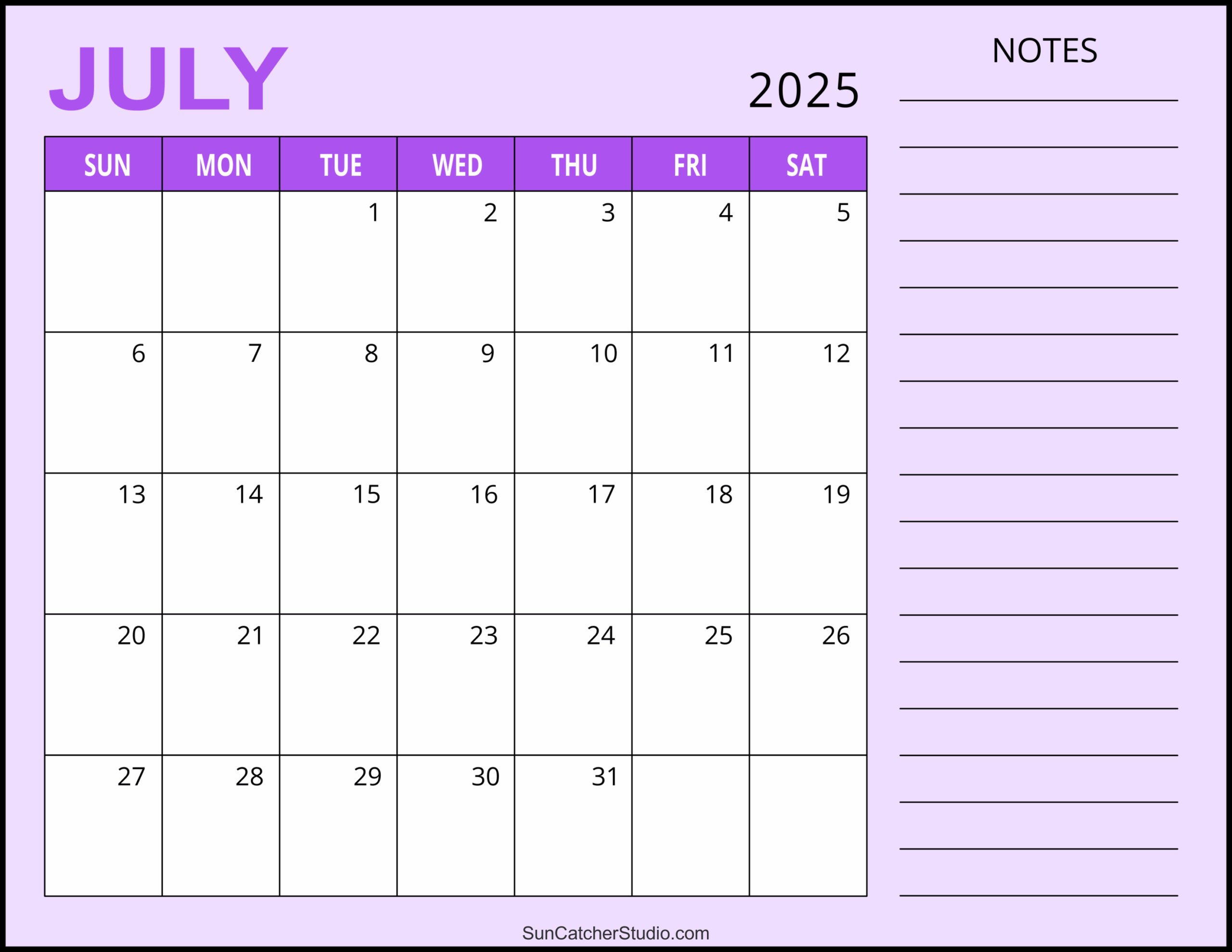 Free Printable July Calendar