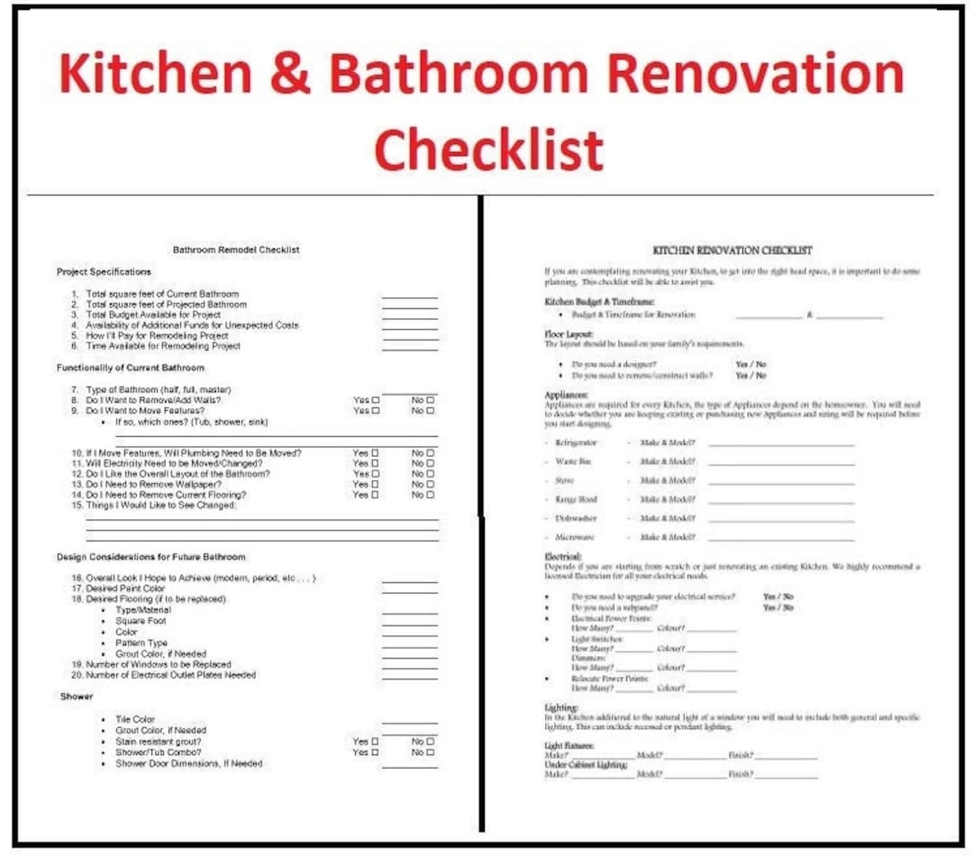 Kitchen And Bathroom Renovation Checklist All In One Checklist Template For Remodel With Materials Accessories List Printable PDF File Etsy 