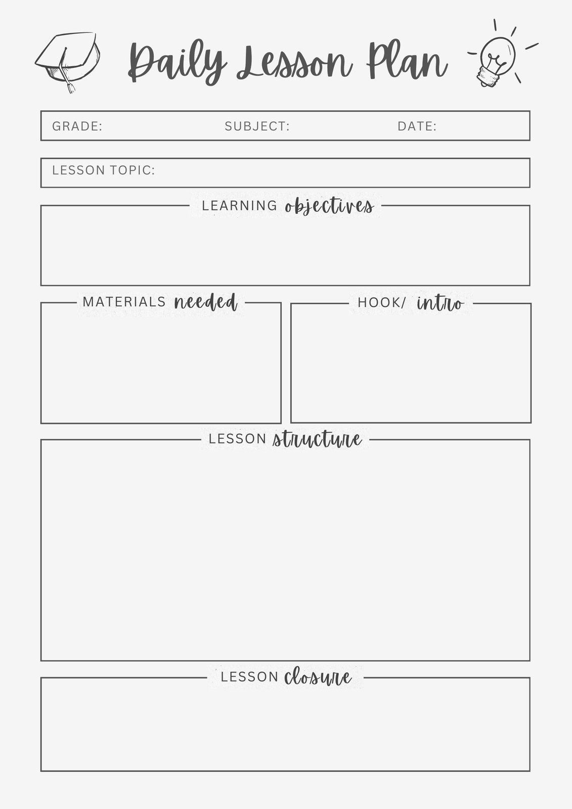 Blank Printable Daily Lesson Plan Template