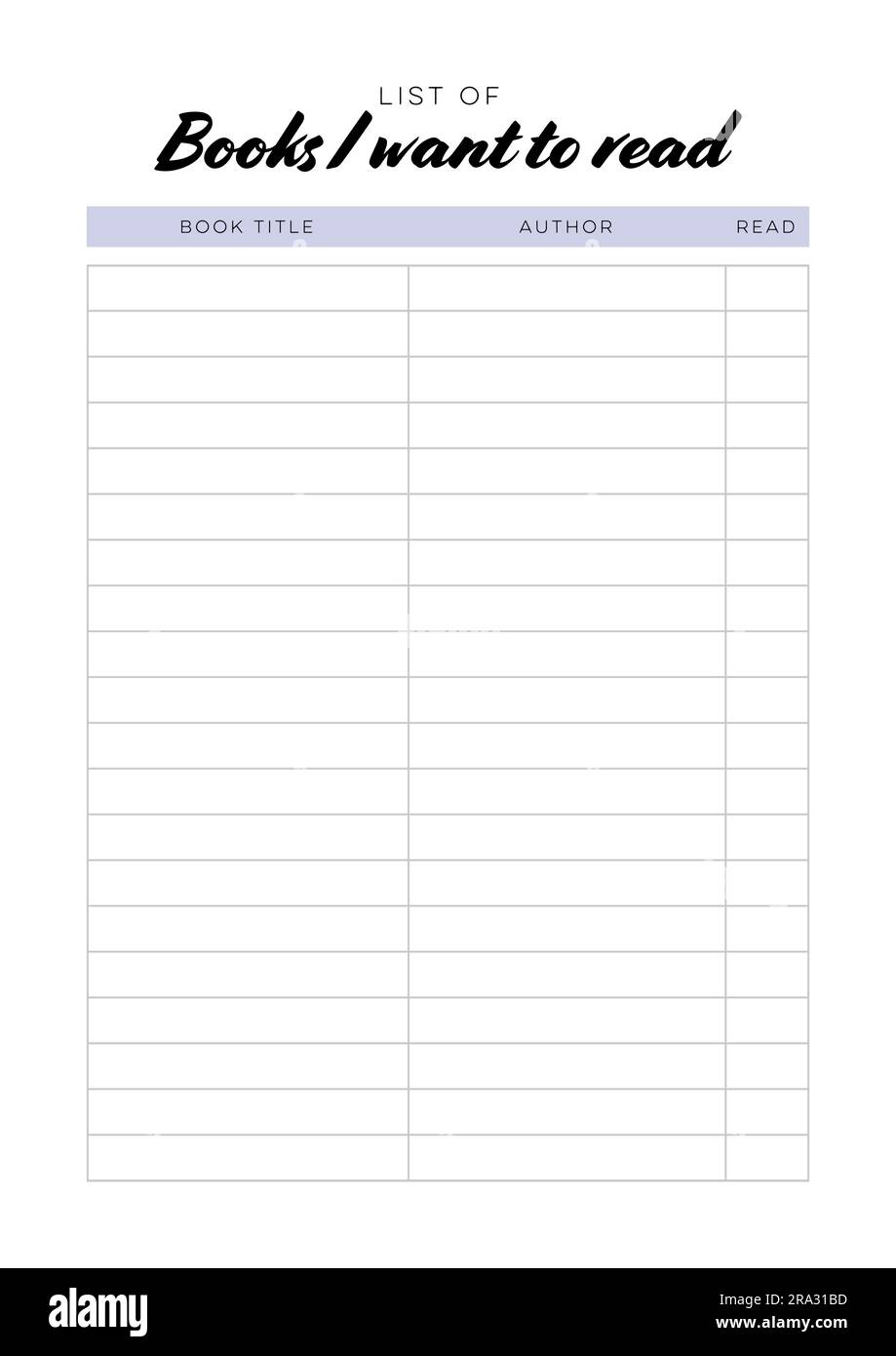 List Of Books I Want To Read Printable Planner Page A4 Stock Vector Image U0026 Art Alamy