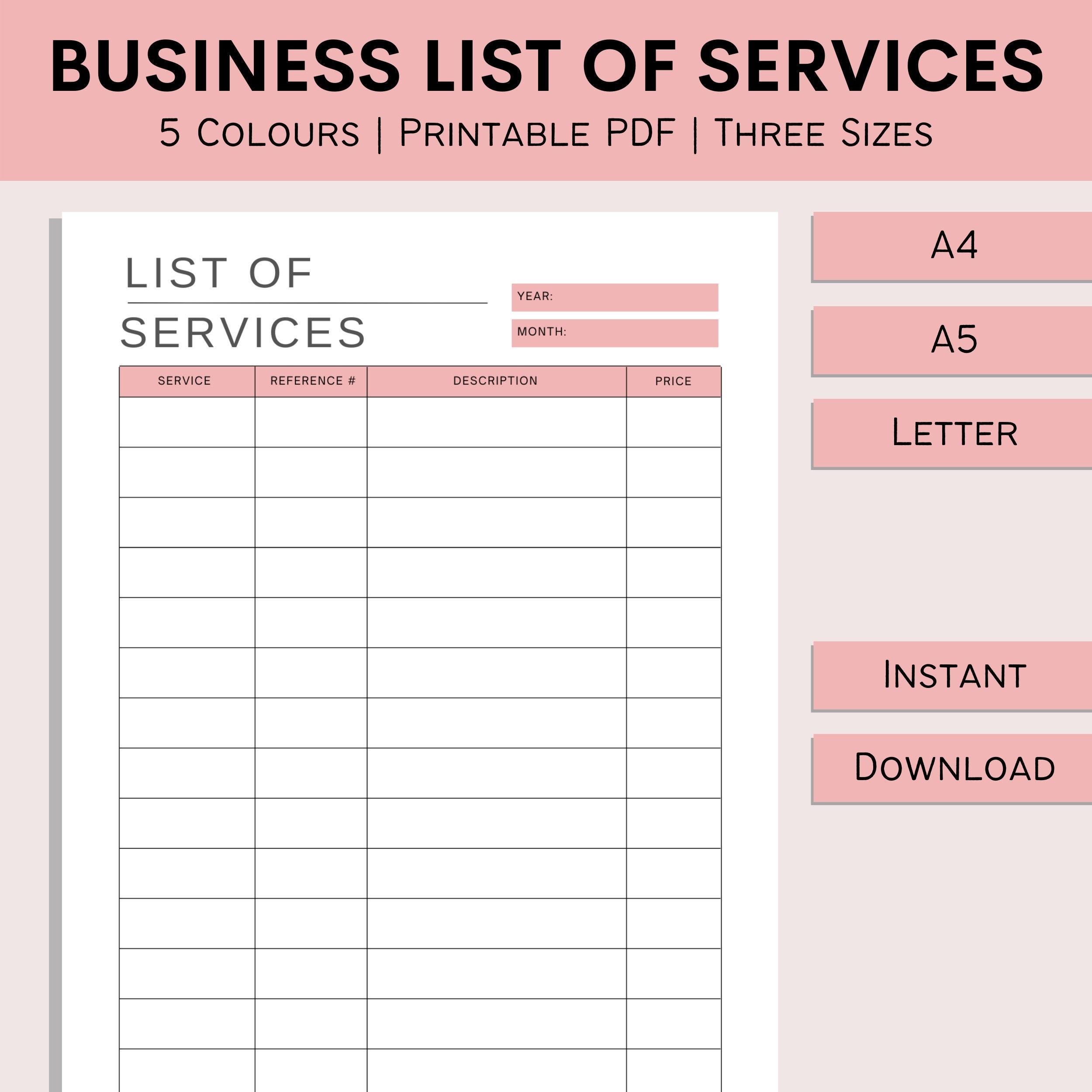 List Of Services Template