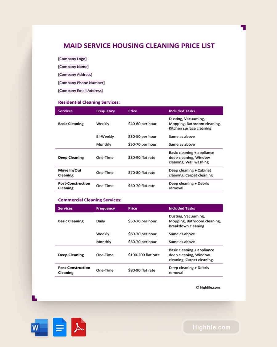 Maid Service House Cleaning Price List Word PDF Google Docs Highfile