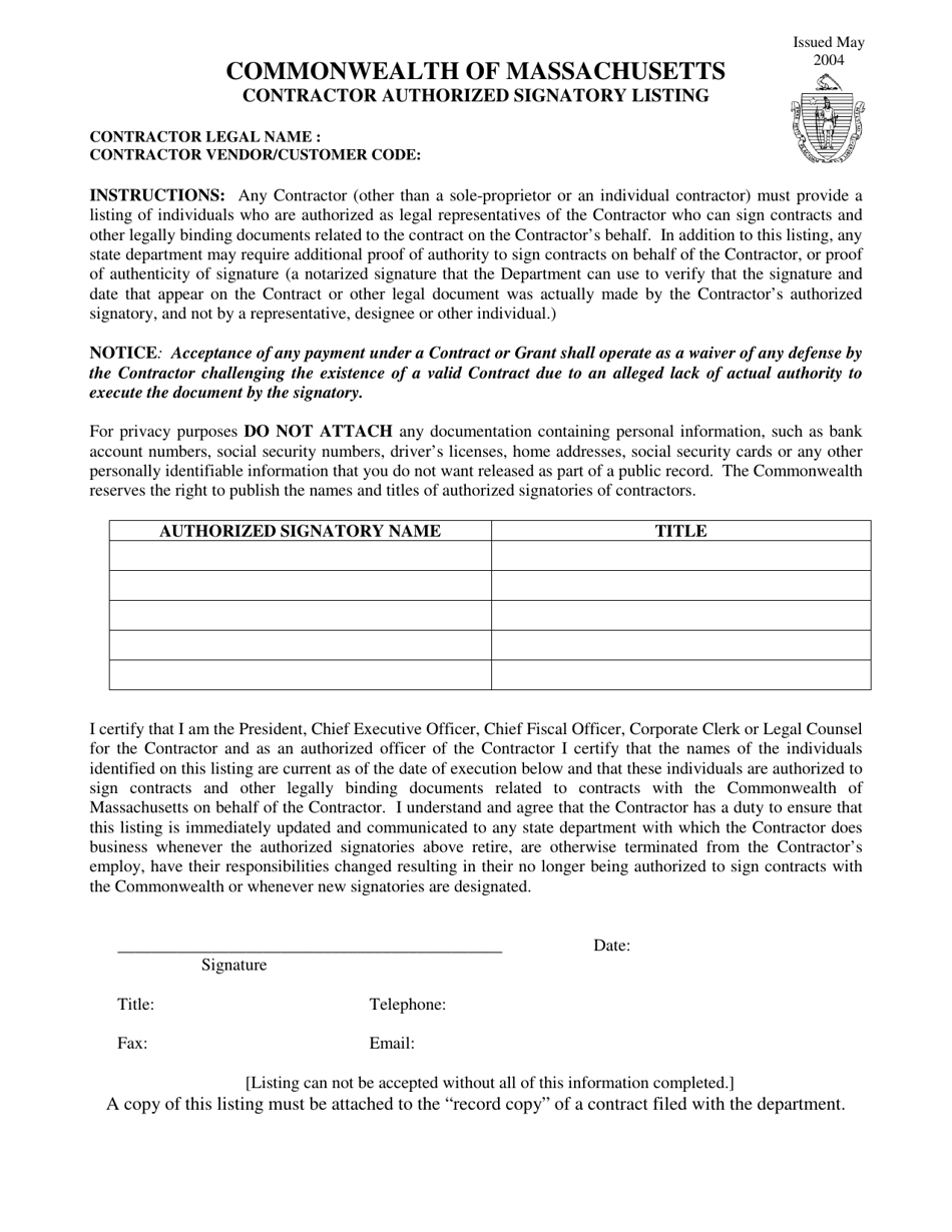 Massachusetts Contractor Authorized Signatory Listing Fill Out Sign Online And Download PDF Templateroller