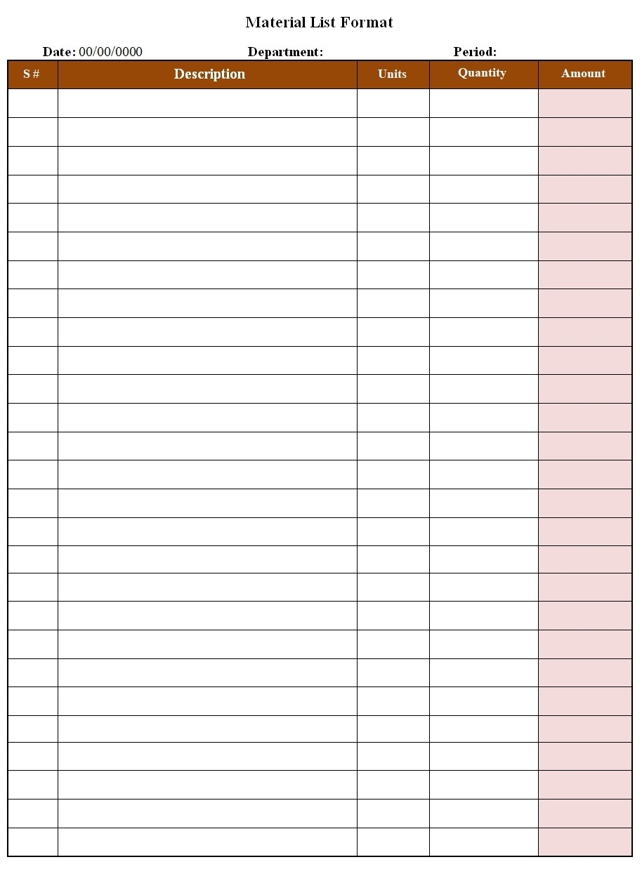 Construction Material List Template