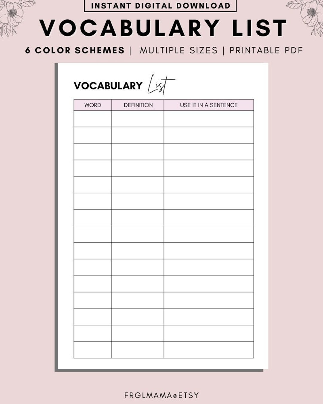 Minimal Vocabulary Note Printable Planner Inserts Vocabulary List Worksheet Language Study Notebook Template Word Book Pdf Voca Card Etsy UK
