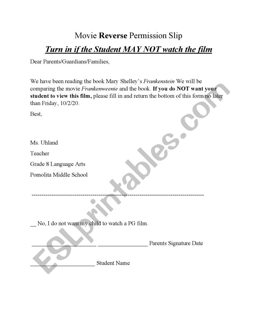 Movie Permission Slip ESL Worksheet By Muhland1