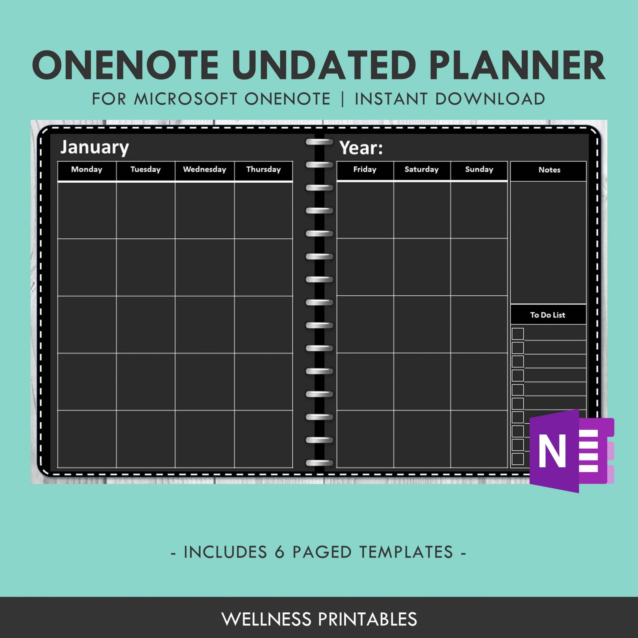 OneNote Template Black Paper Undated Planner Wellness Printables