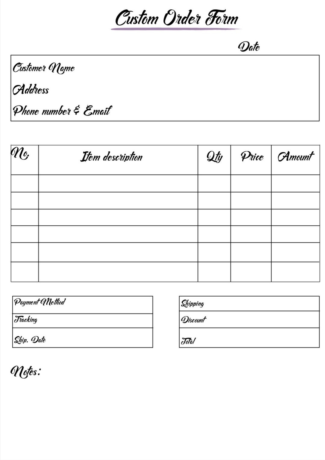 Order Form Printable Custom Order Instant Download Small Business Templates Goodnotes Template Digital Order Form Special Order Sheet Etsy
