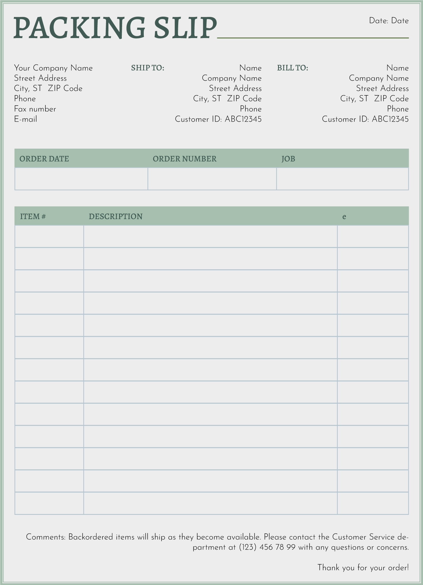 Template Packing List