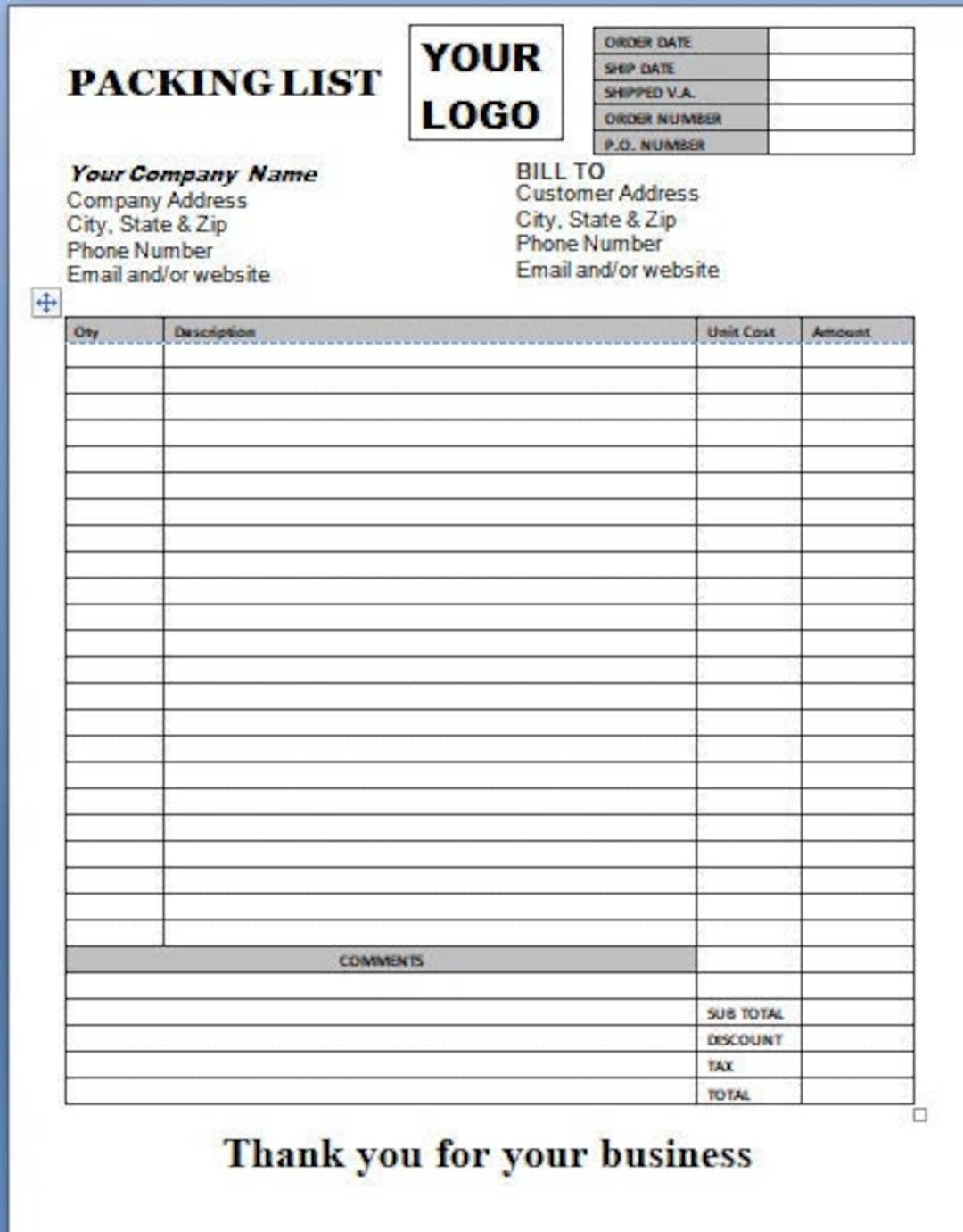 Packing List Template Word