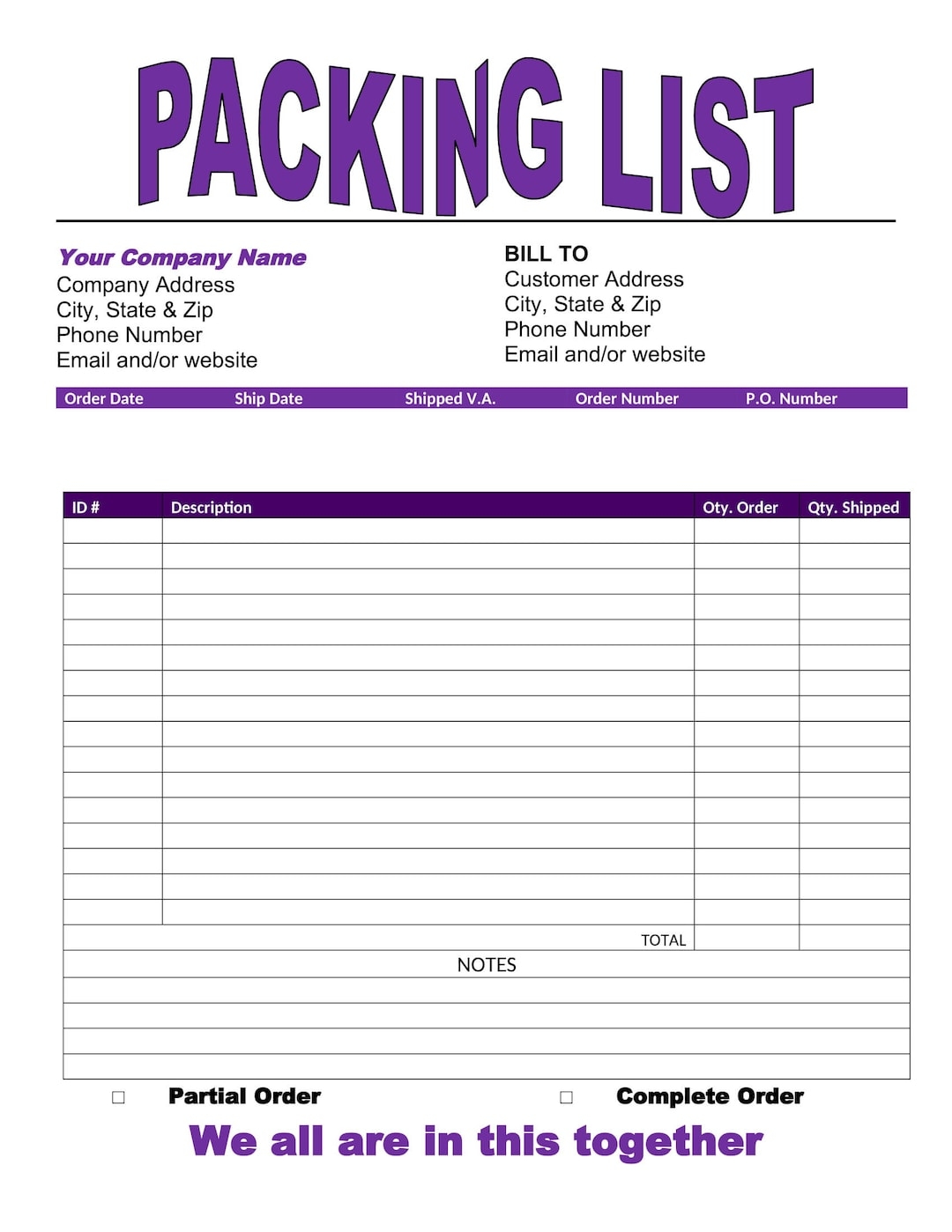 Packing List Template Purple Printable Packing List Order Form Word Packing List Template Word Template Printable Etsy UK