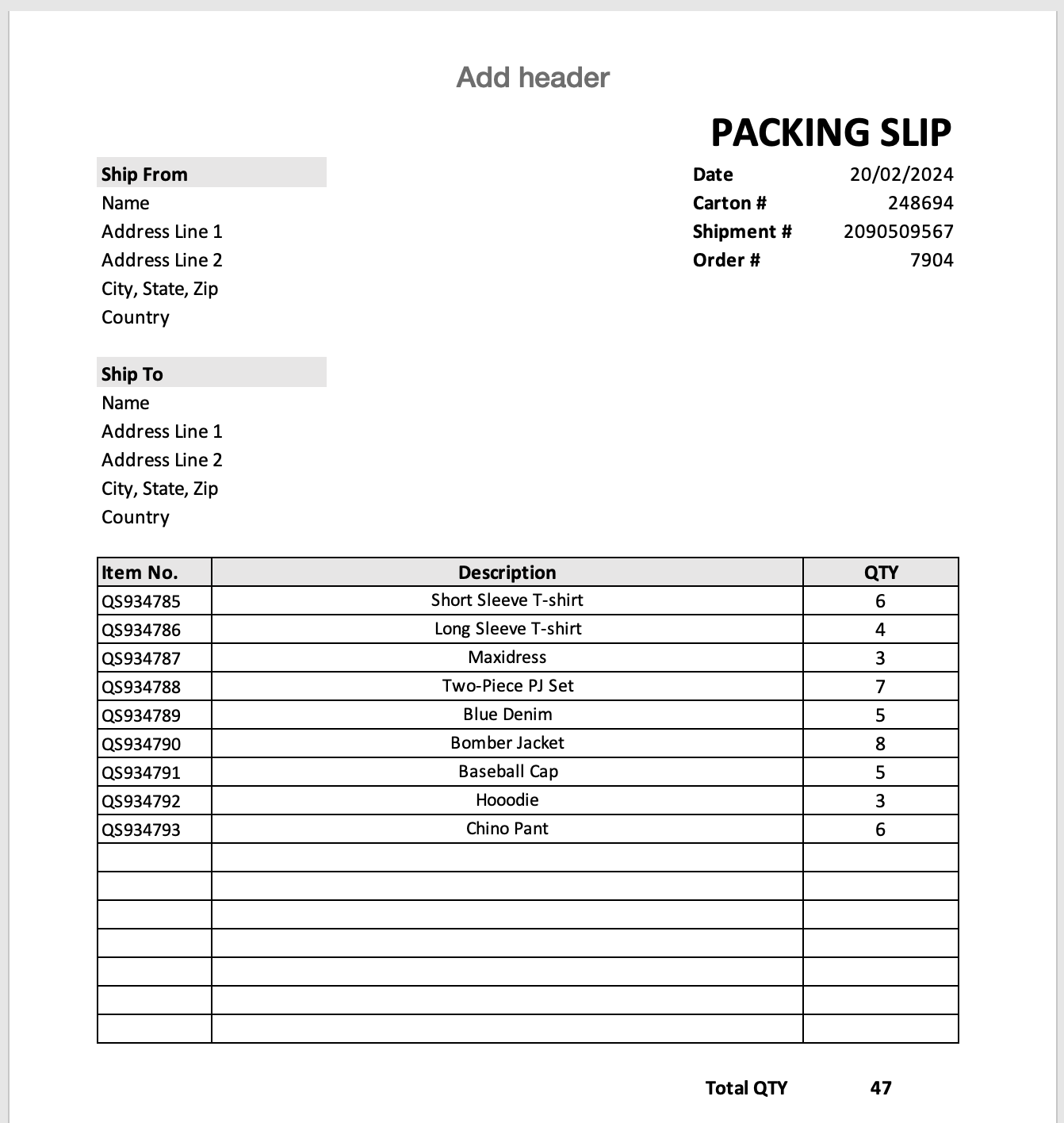 Shipping Packing List Template