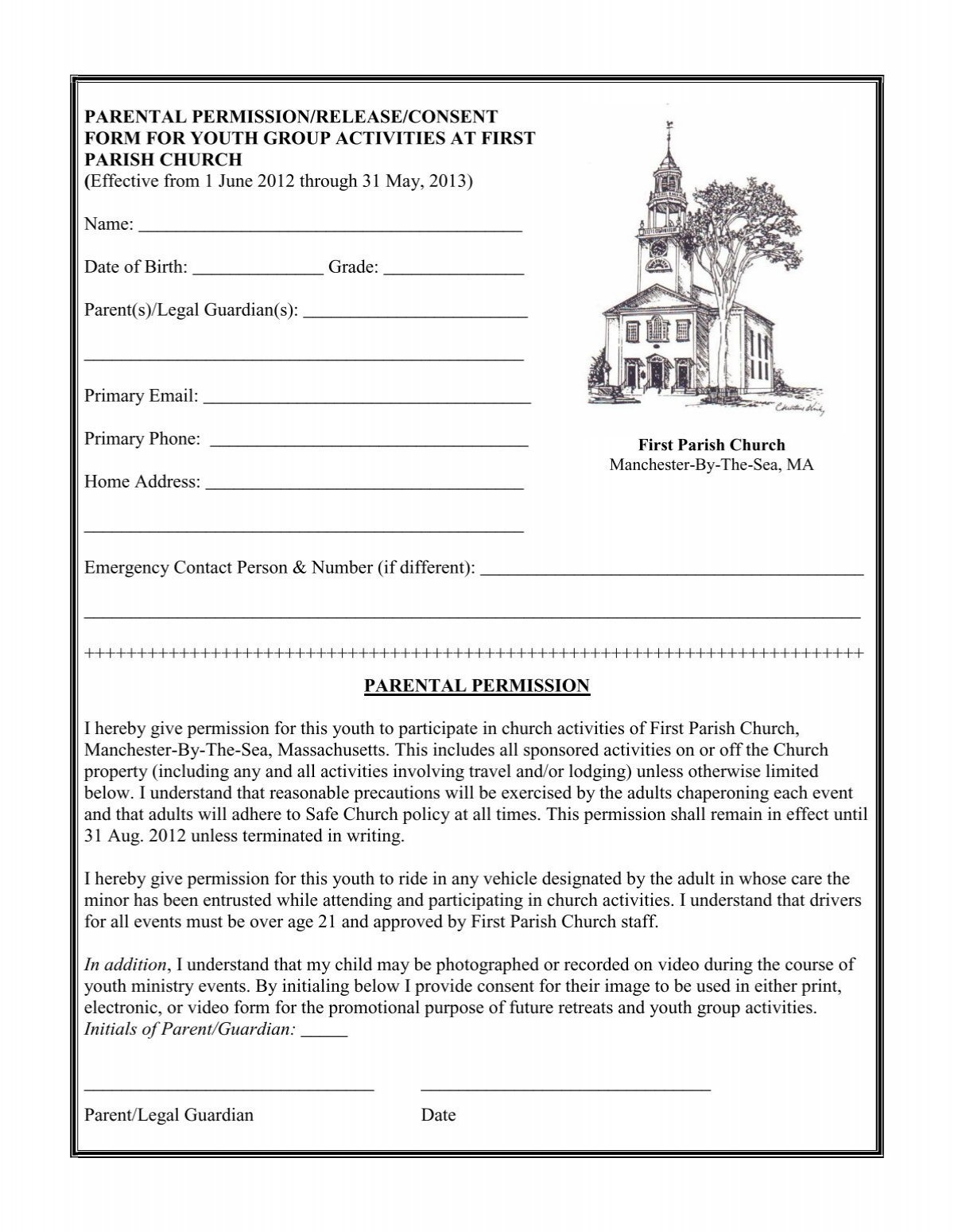 Church Youth Group Permission Slip Template