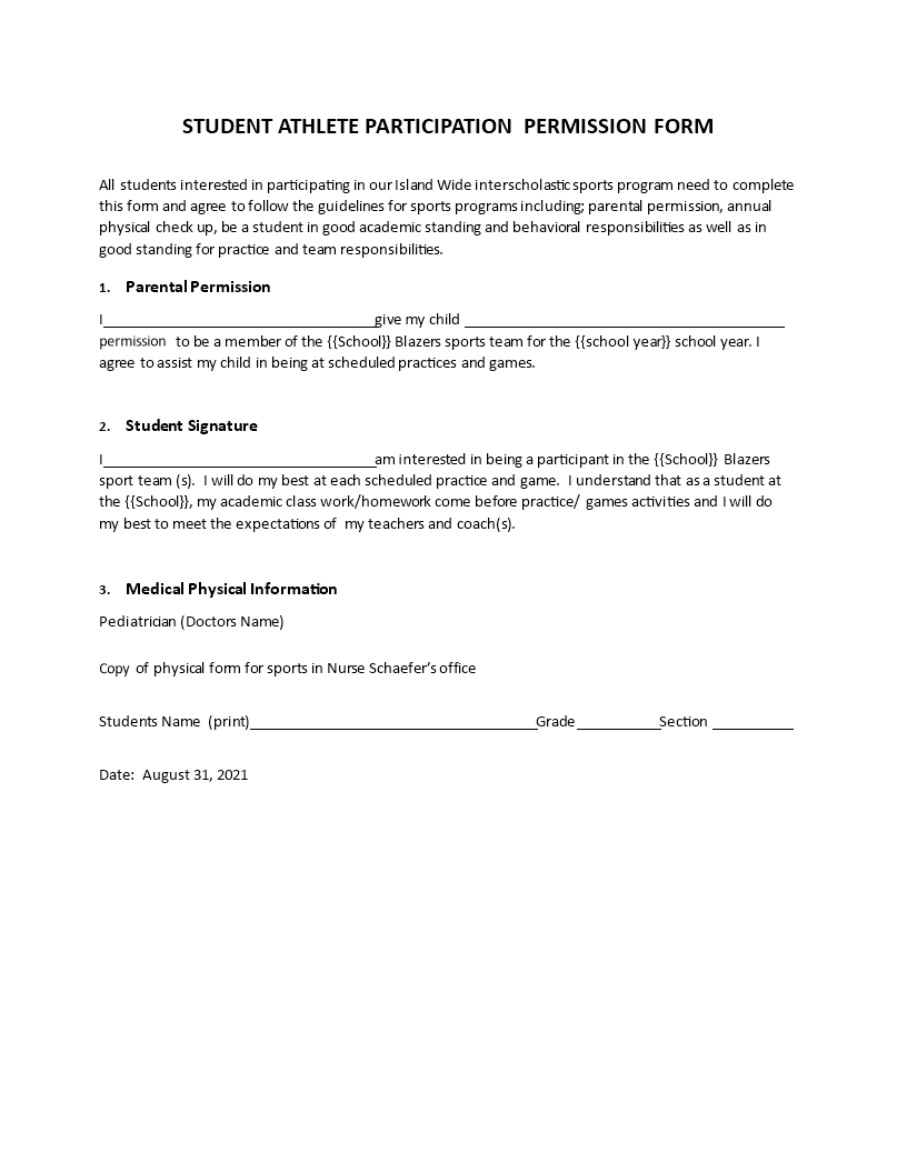 Sports Permission Slip Template