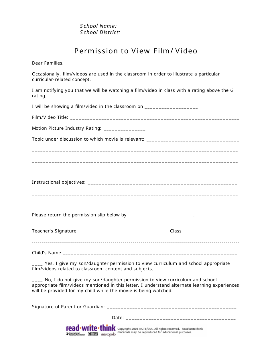 Permission To View Film Video Template Download Printable PDF Templateroller