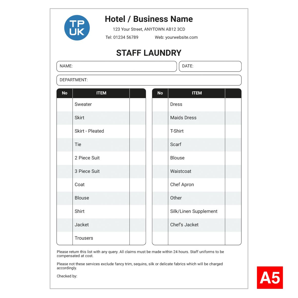 Personalised STAFF LAUNDRY Lists Printed For Hotels From 48