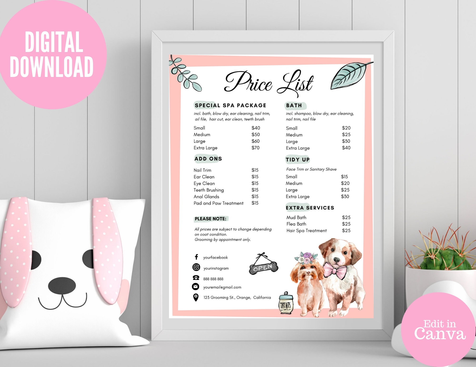 Pet Salon Grooming Price List Dog Grooming Price List Template Pet Groomer Sign Editable Pet Salon Sign Customizable Etsy
