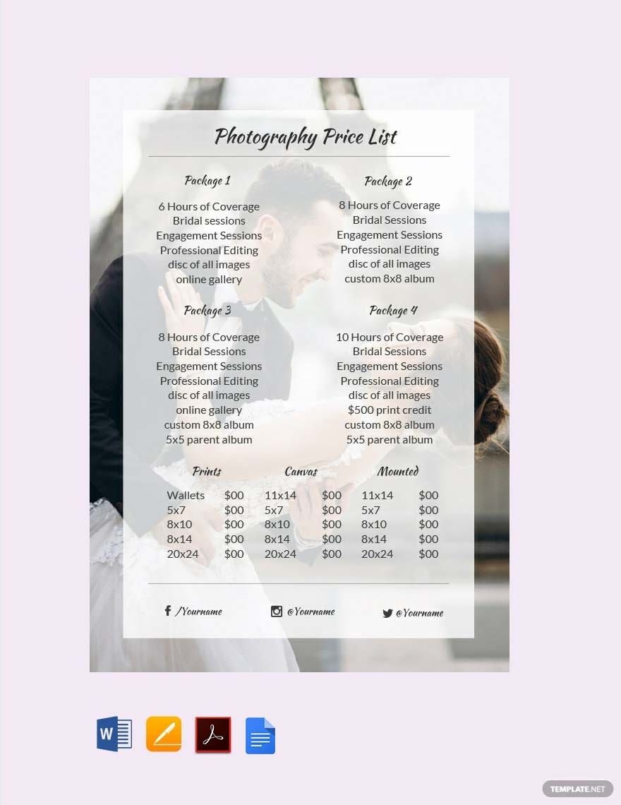 Photography Price List Template In Pages Word Google Docs Download Template