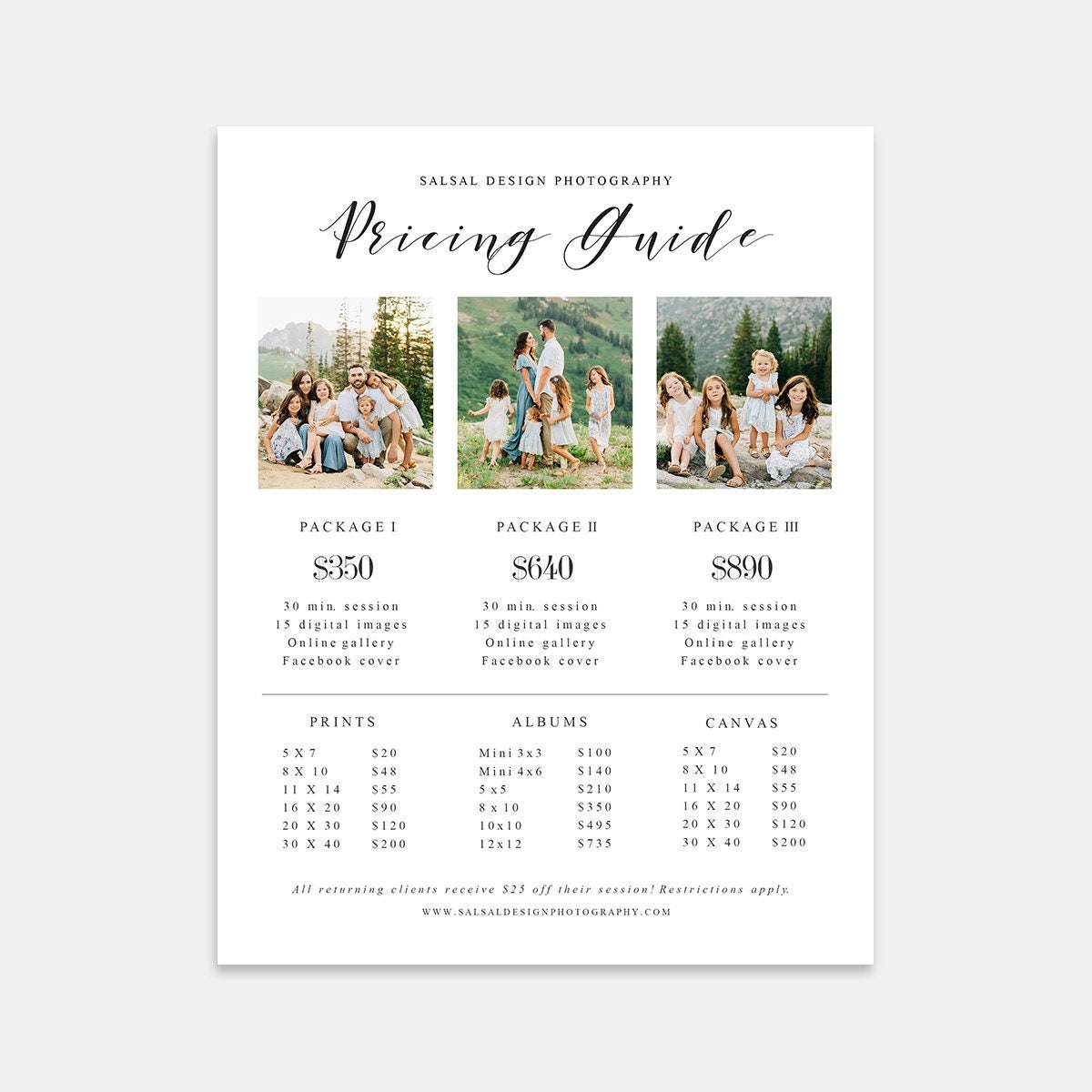 Photography Pricing Template Price Guide List For Photographers Photography Photo Price Sheet Price Guide PG018