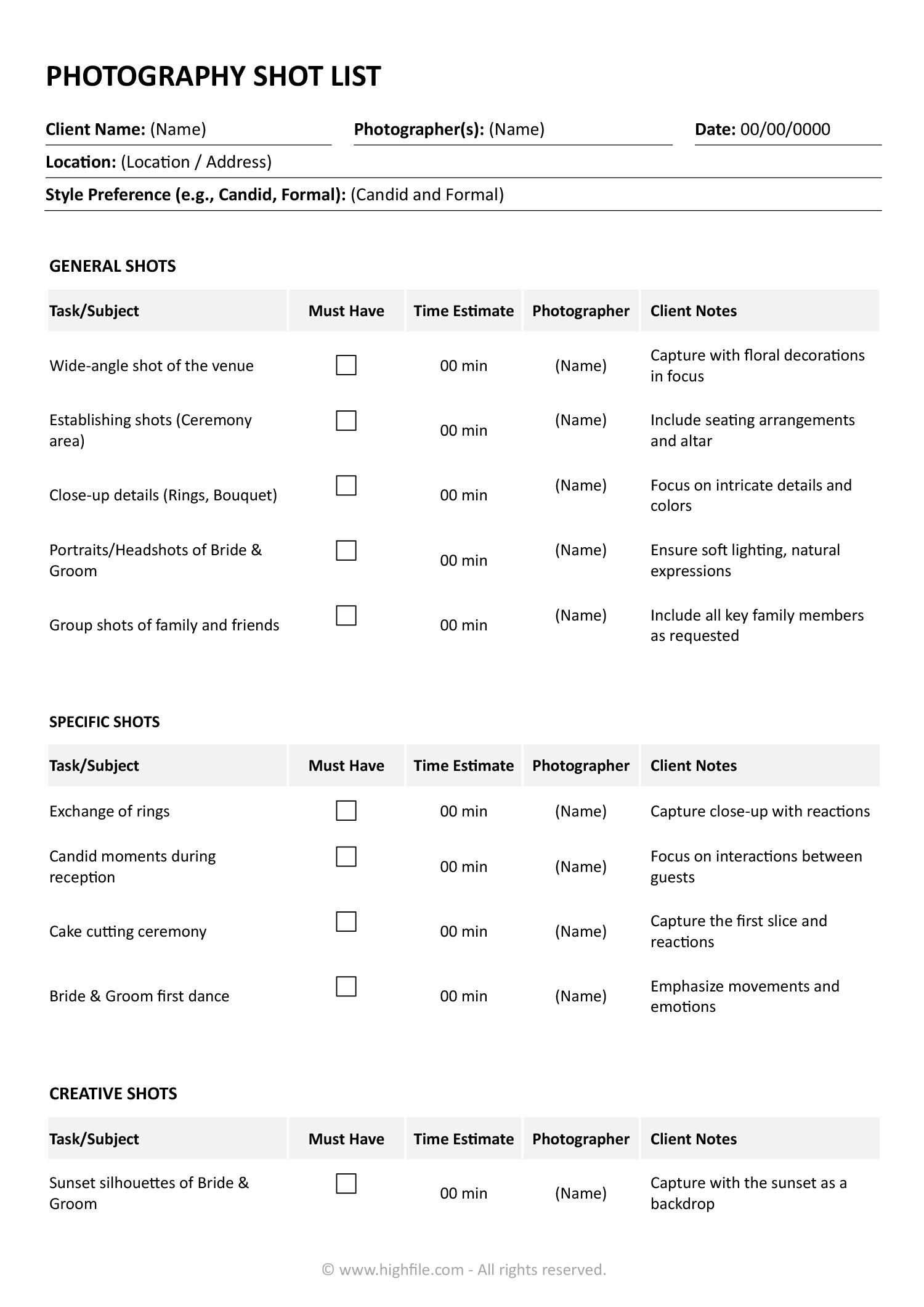 Shot List Photography Template