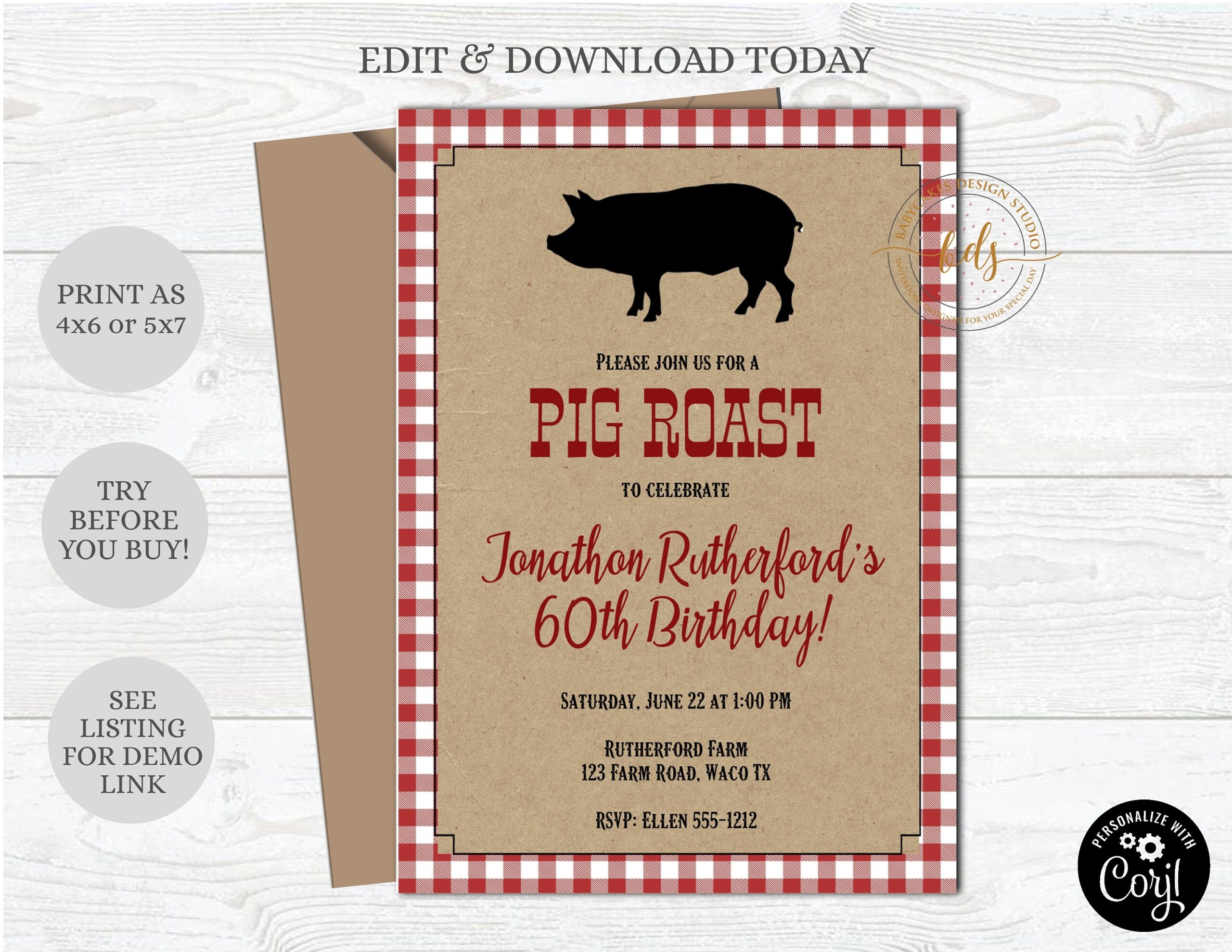Pig Roast BBQ Birthday Party Invitation Invite Printable Digital Editable Etsy UK