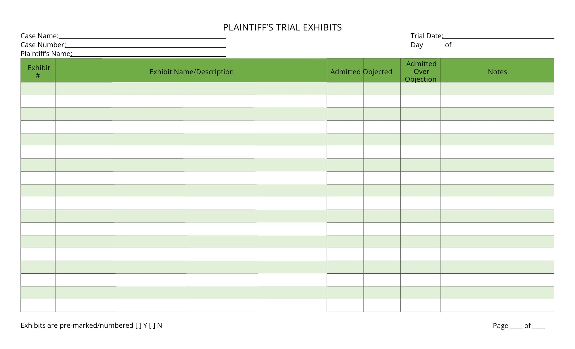 Exhibit List Court Exhibit Template