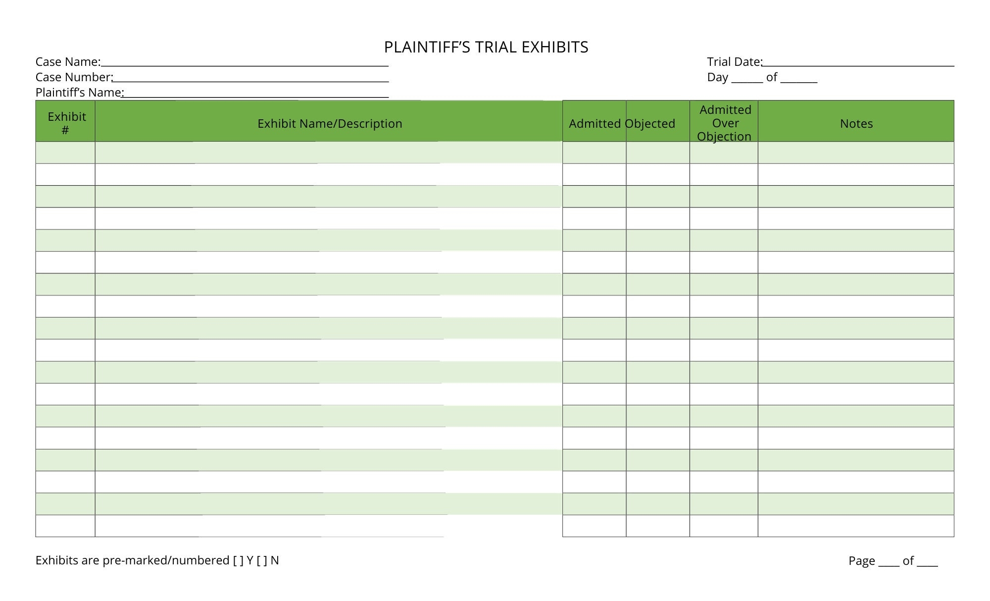 Trial Exhibit List Template
