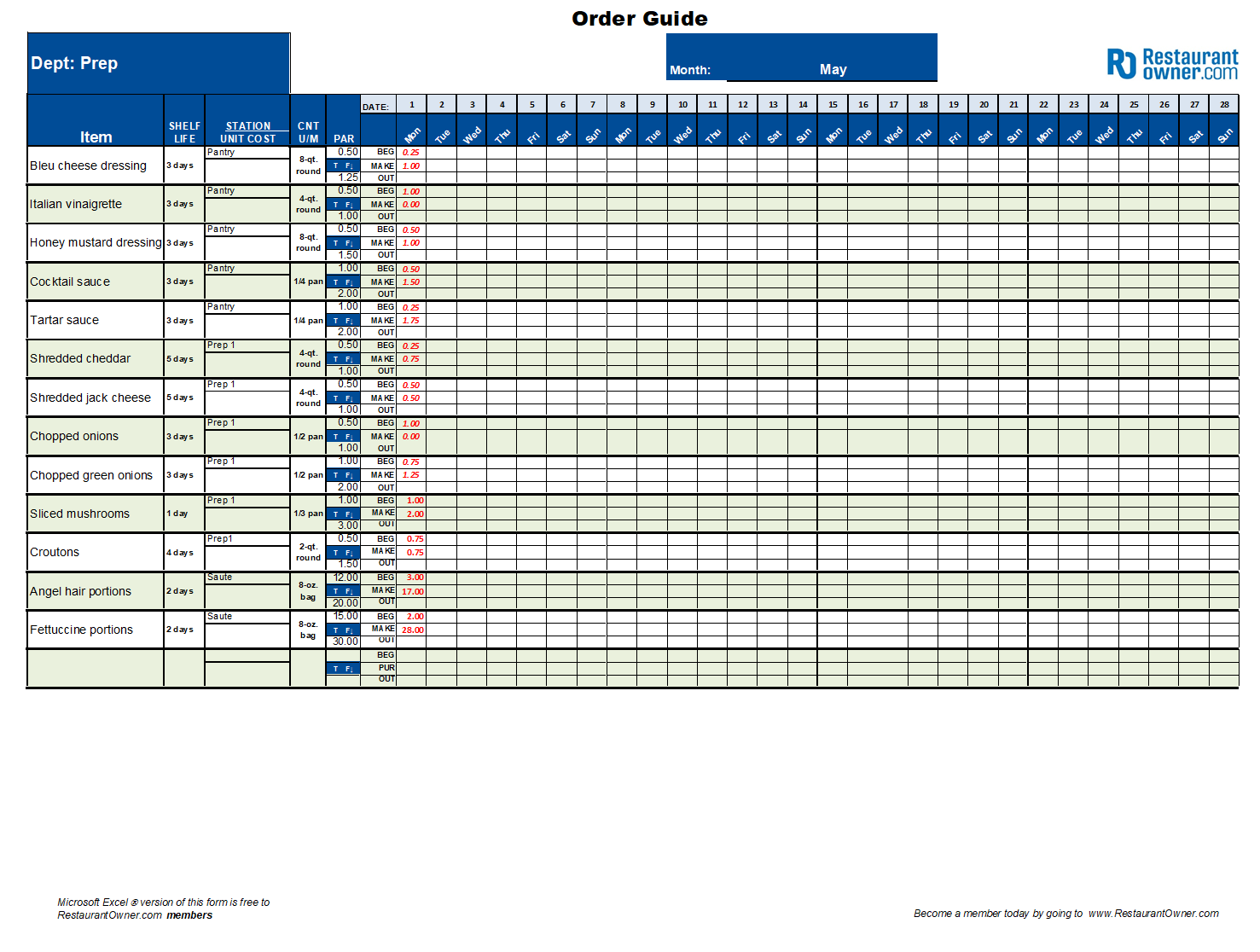 Restaurant Prep List Template