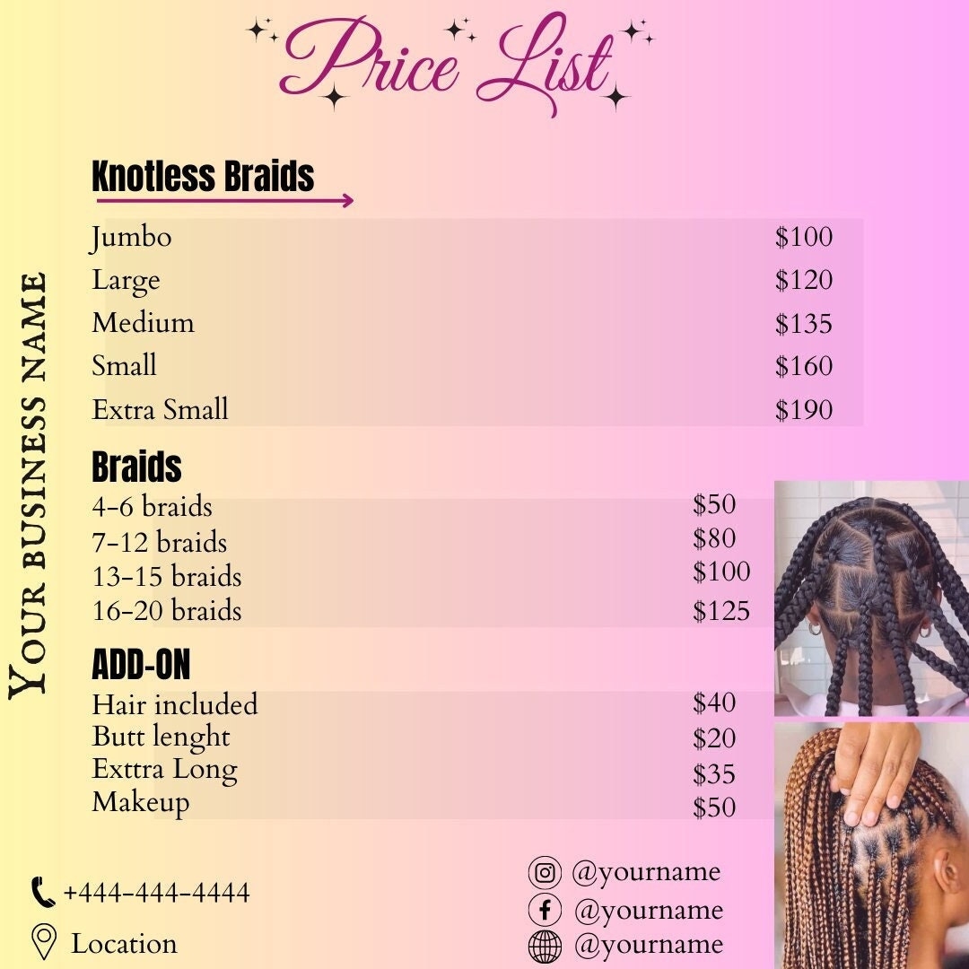 Price List Template Editable Hair Dresser Pricing Template Design braids Makeup Canva Template Braid Pricelist Etsy
