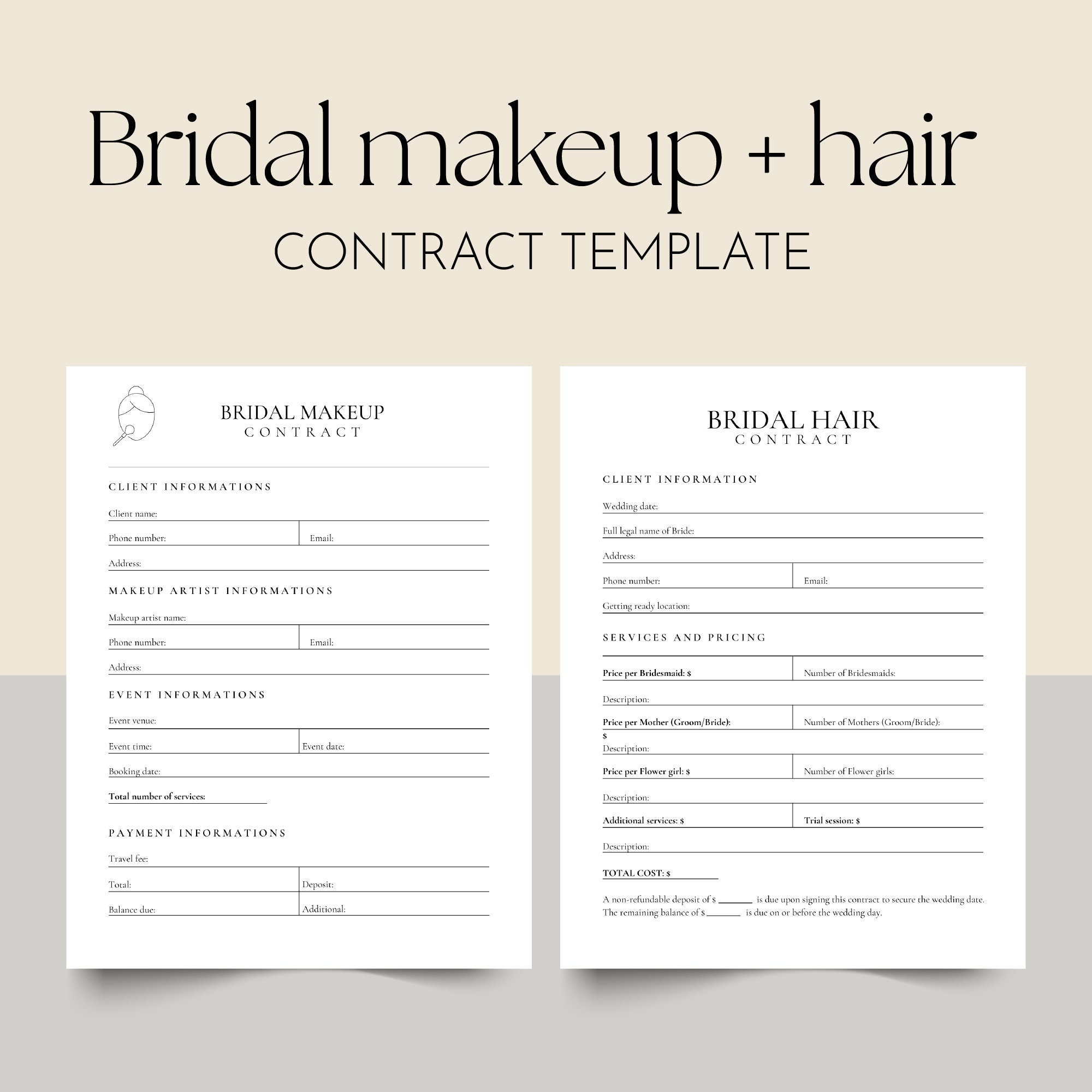 Printable Bridal Makeup U0026 Hair Contract Template Wedding Forms 