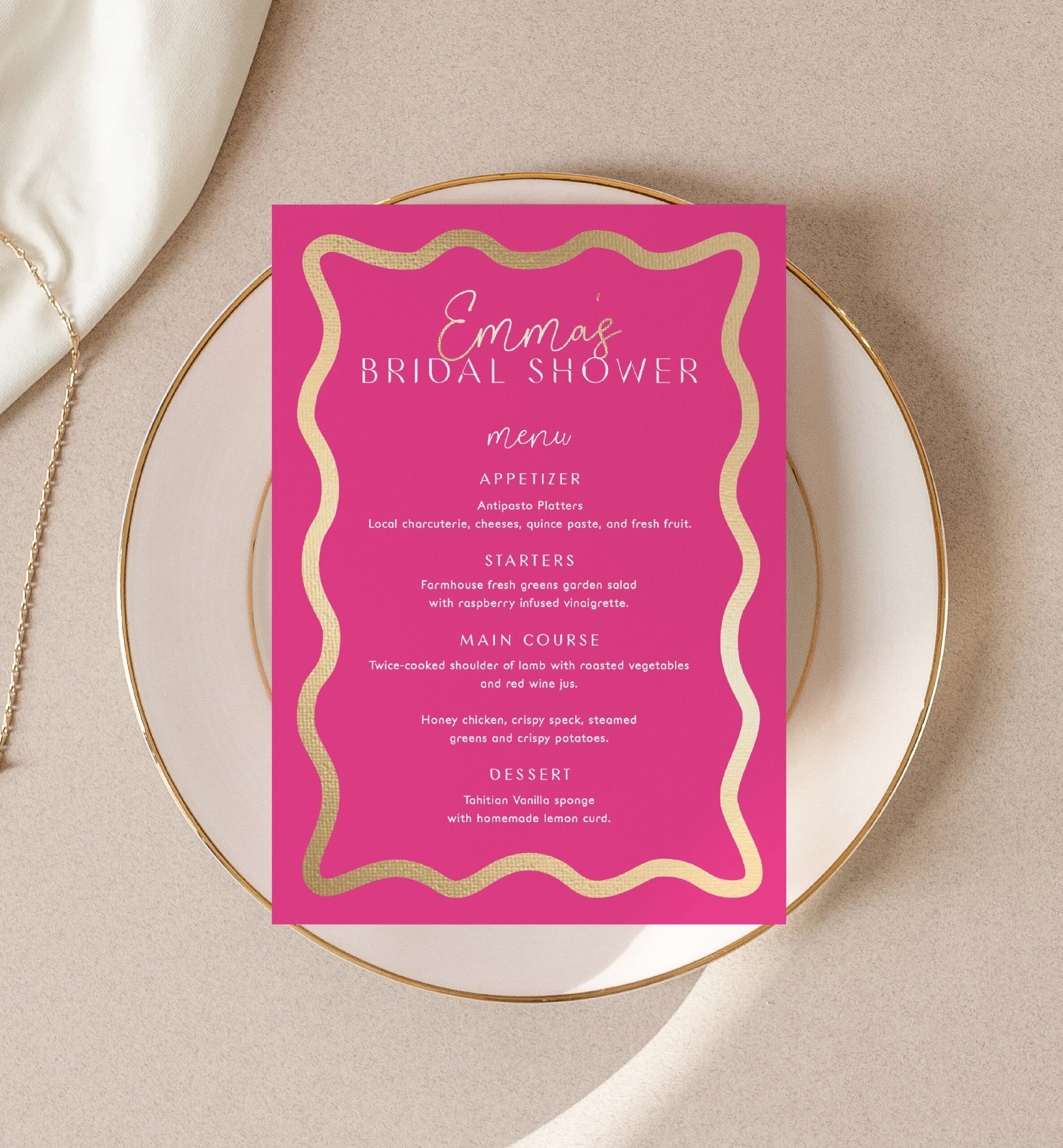Printable Bridal Shower Menu Template Wave Curvy Line Hot Pink Gold Editable Hens Party Menu Baby Shower Menu Brunch Menu Lunch Menu Etsy