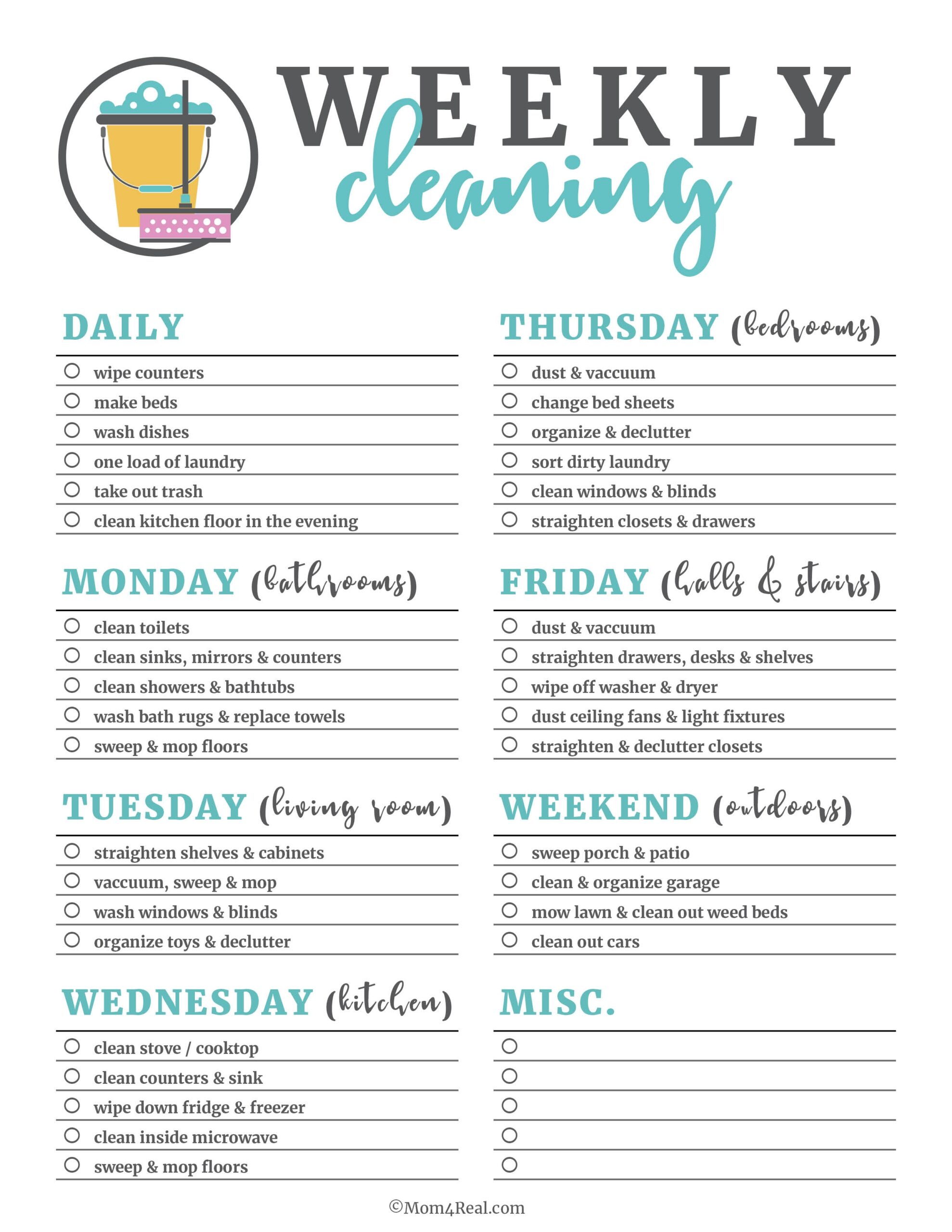 Printable Cleaning Checklists Daily Weekly U0026 Monthly Tasks Worksheets Library