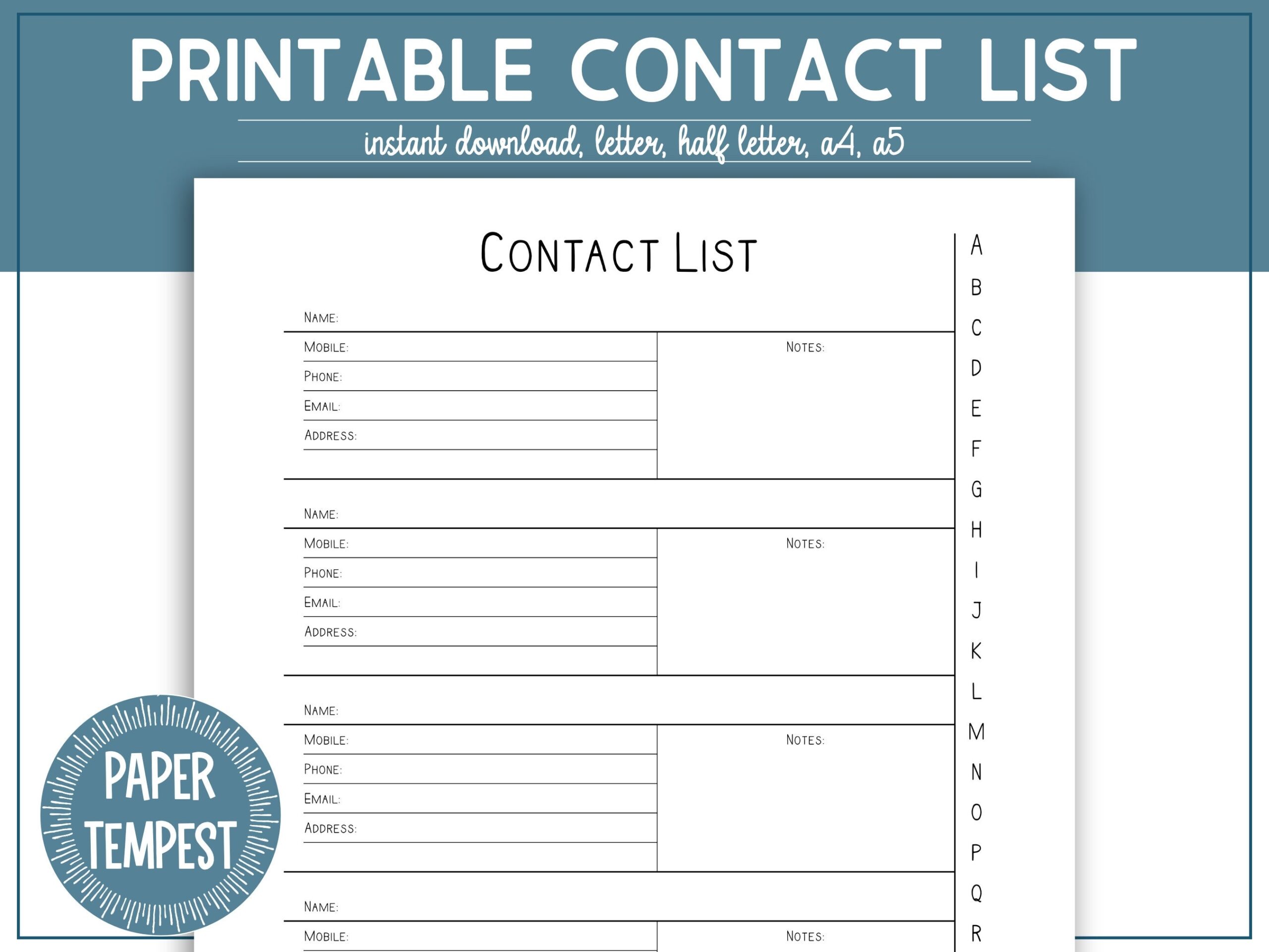 Printable Contact List Address Book Template Address Log Planner Insert Phone Directory Template Client Contact List Lead List Etsy