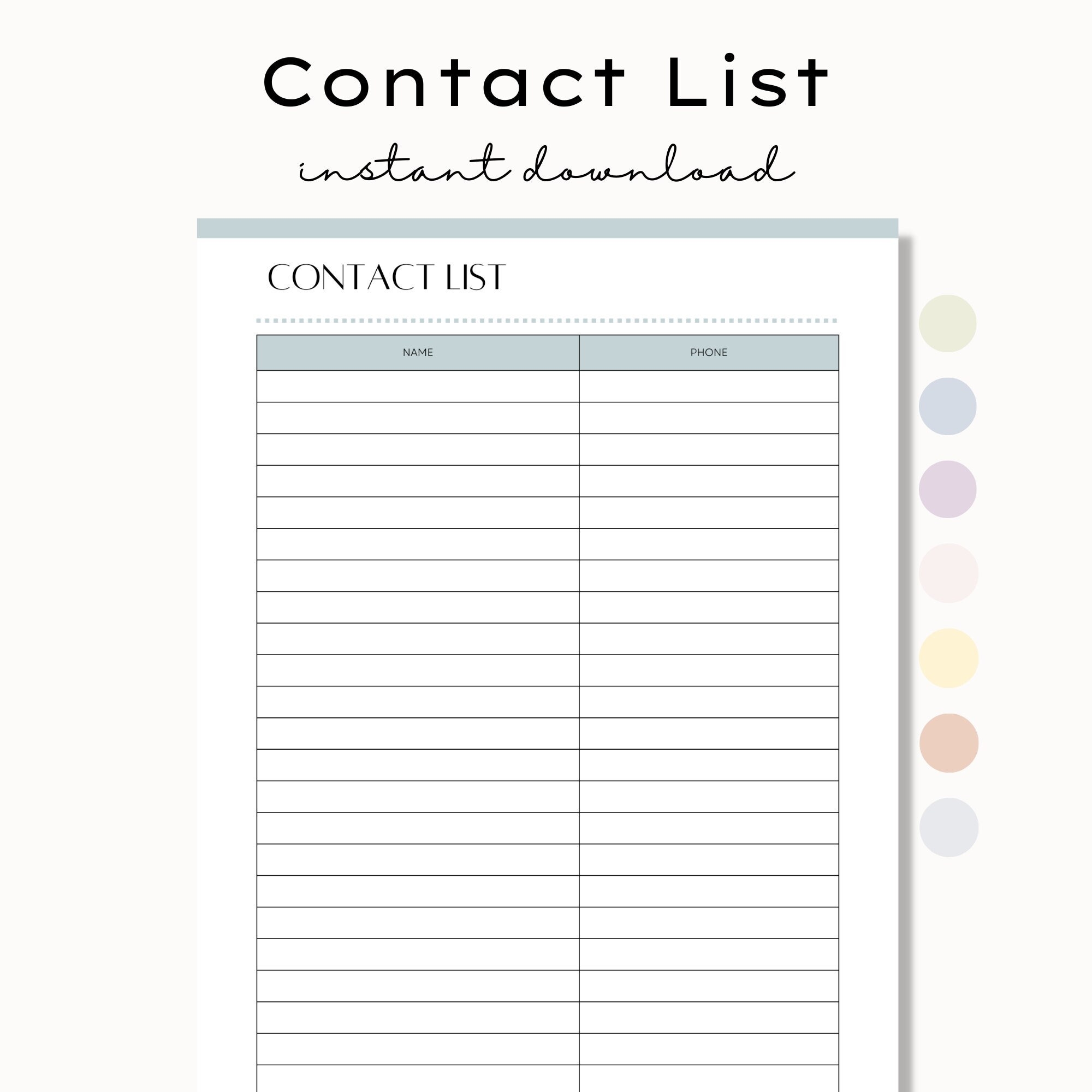Printable Contact List Contact Sheet Phone Number List Address 