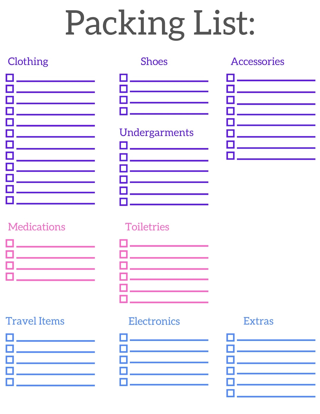Travel Pack List Template