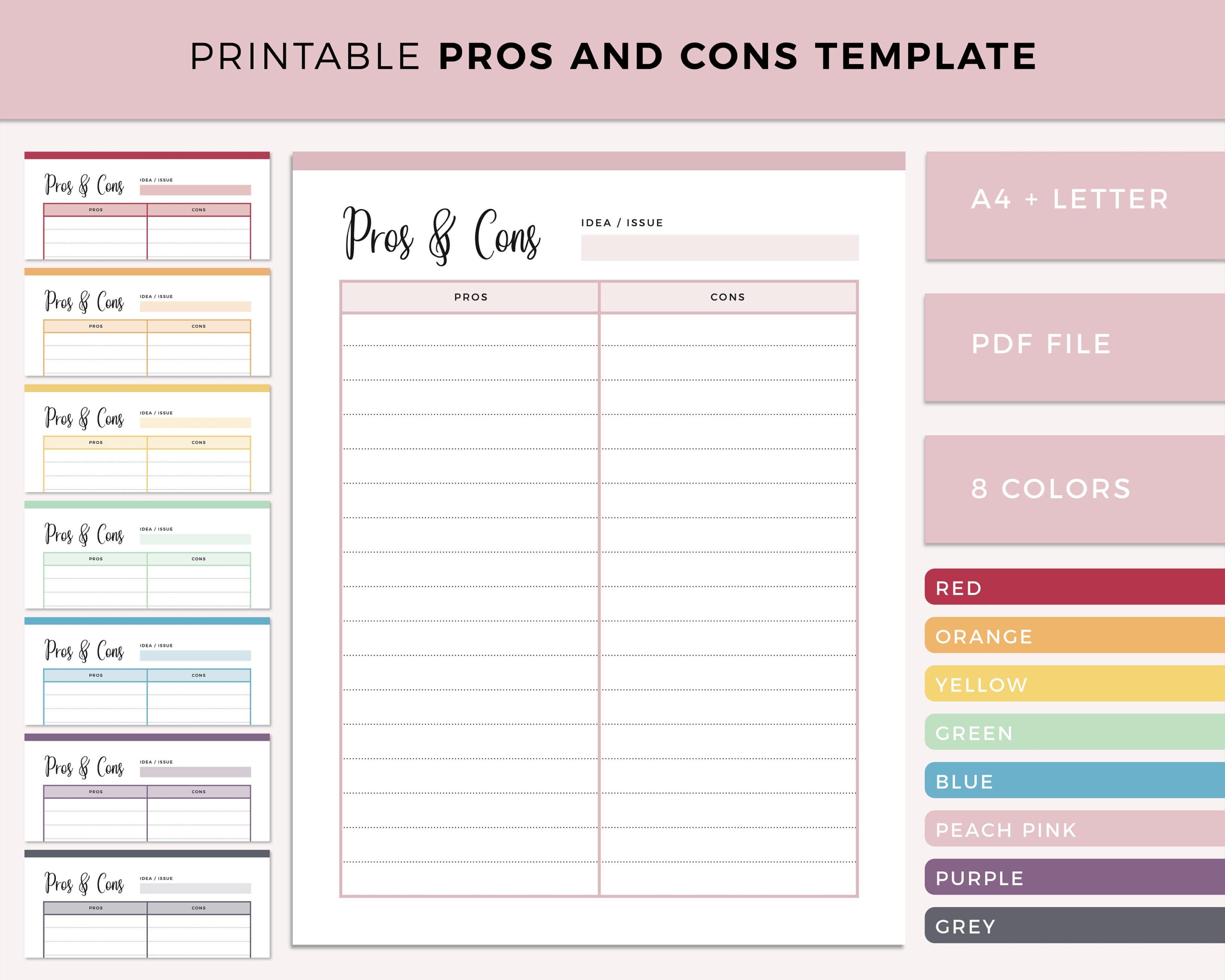 Printable Pros And Cons List Instant Download Print At Home 