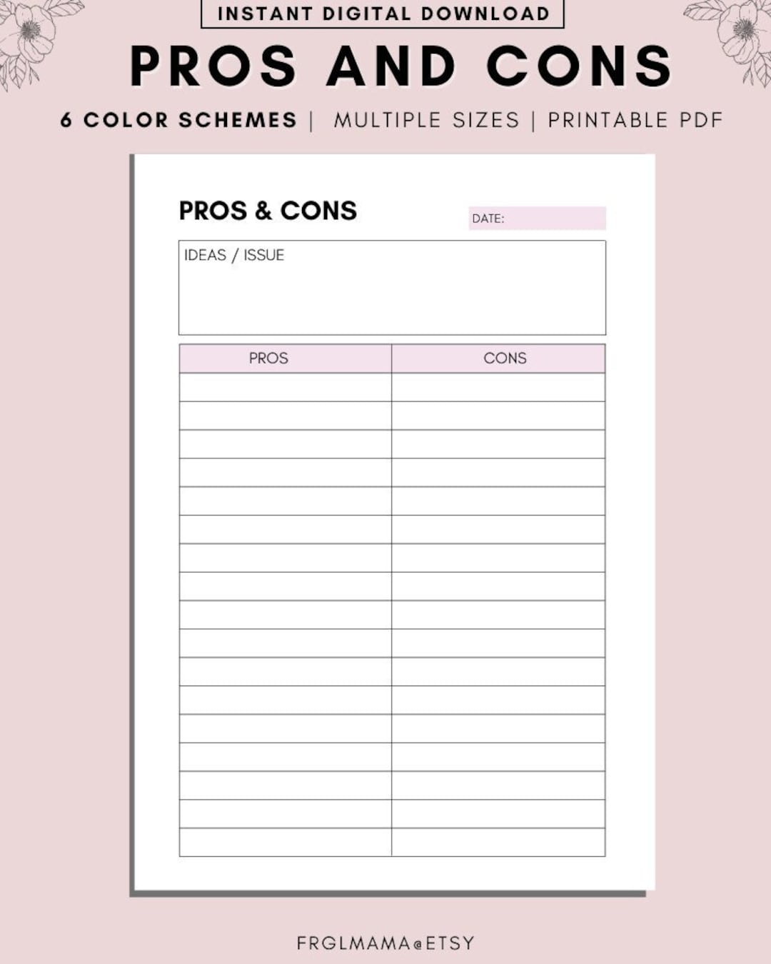 Printable Pros And Cons List Instant Download Print At Home Planner Pages Life Organizer Templates Pro And Con Print Template A4 A5 PDF Etsy